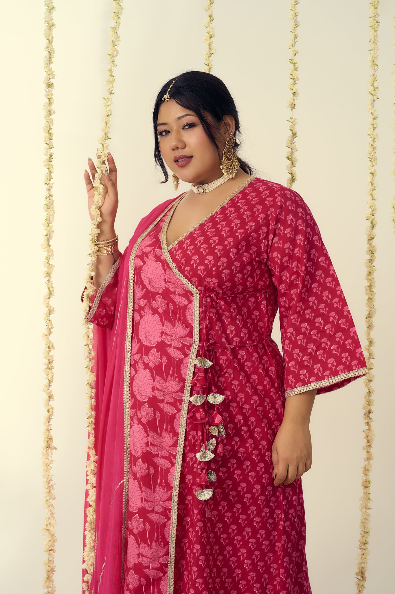 Vibrant Pink Angrakha Kurta Suit Set (3 Pc)