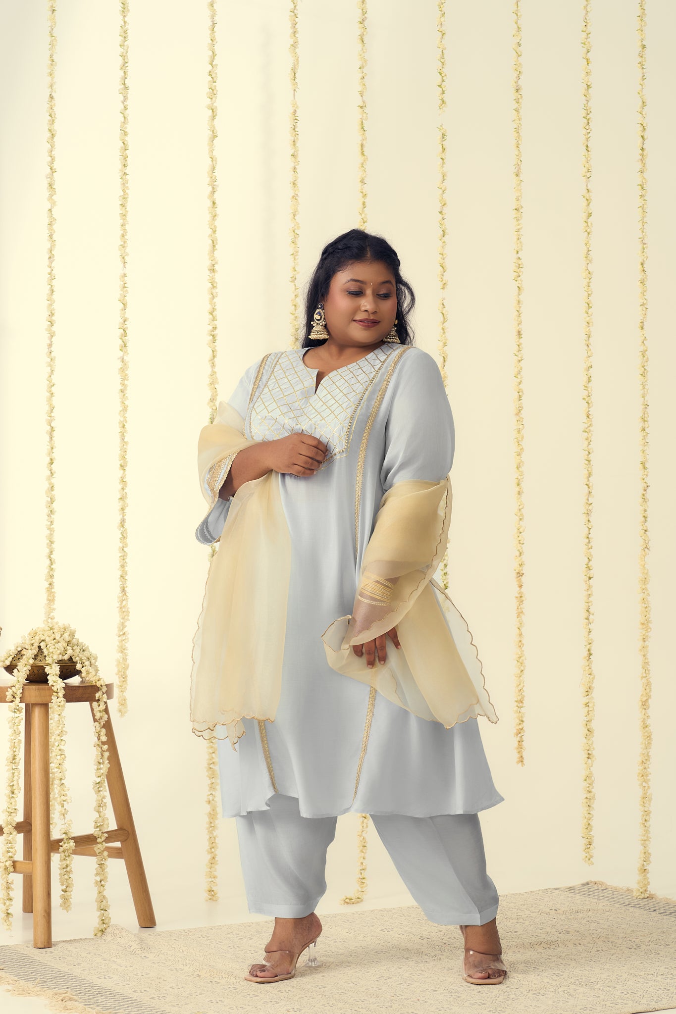 Blue and Gold Kurta Suit Set with Organza Dupatta