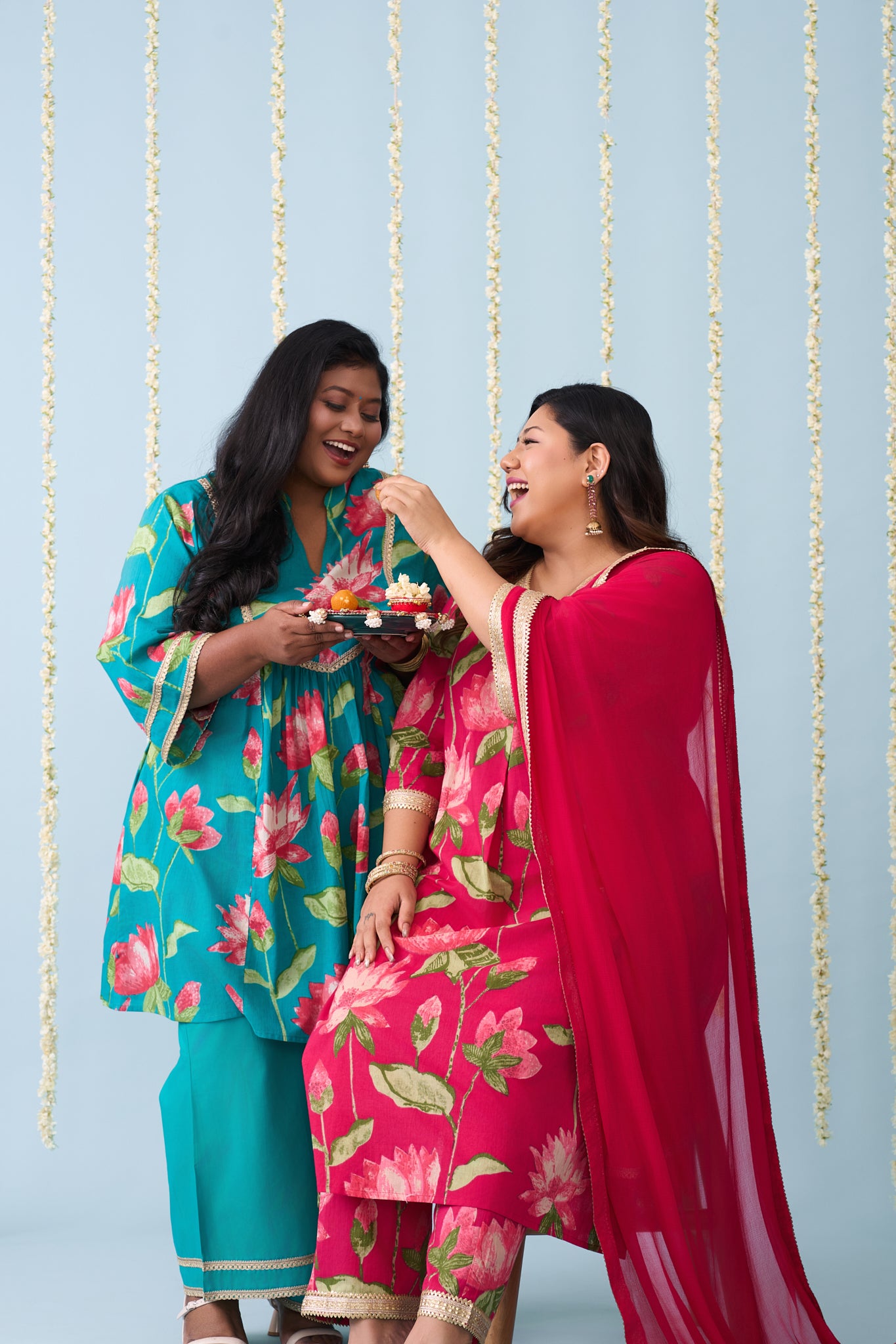 Rama Green Festive Co-ord Set With Bright Floral Print