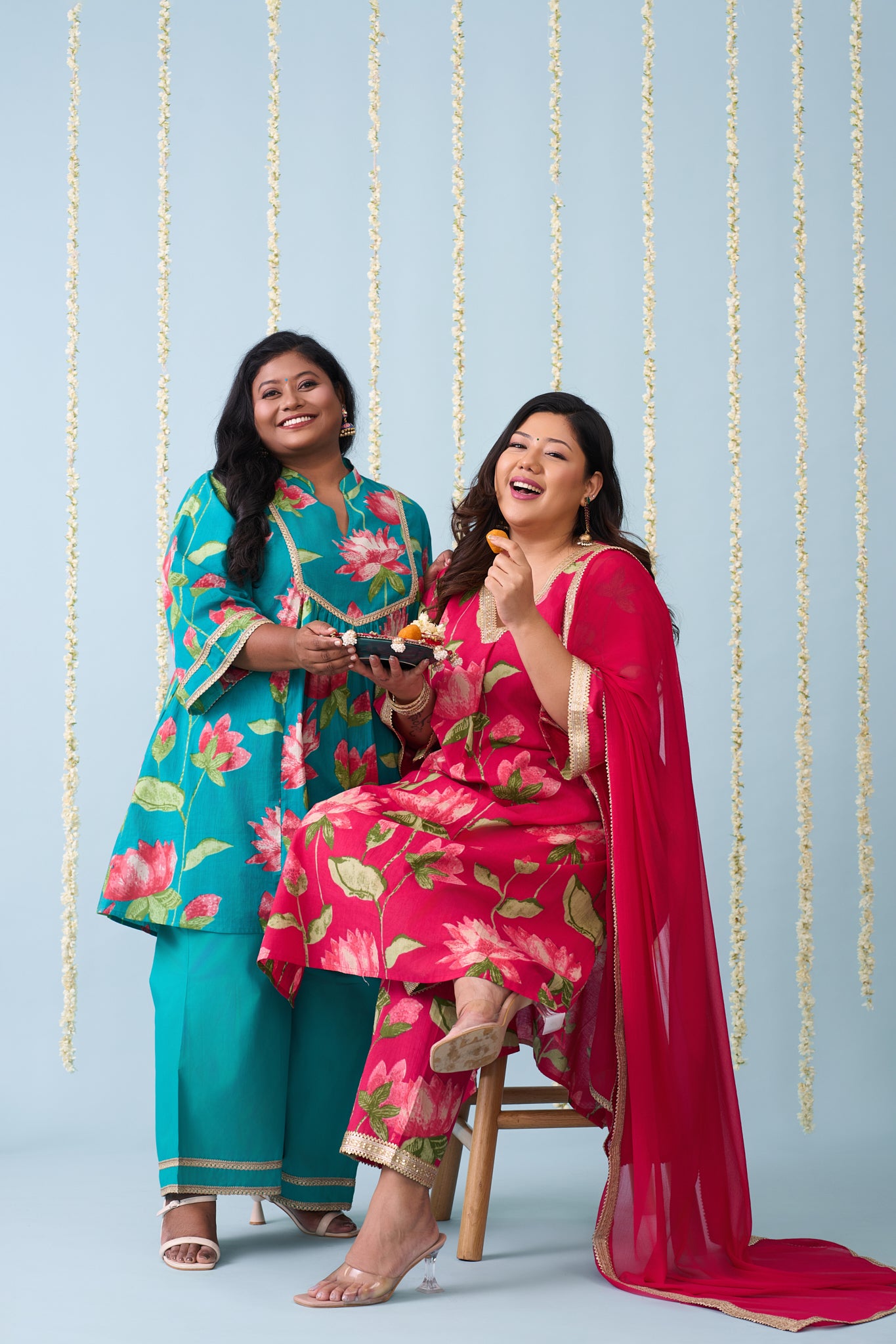 Rama Green Festive Co-ord Set With Bright Floral Print