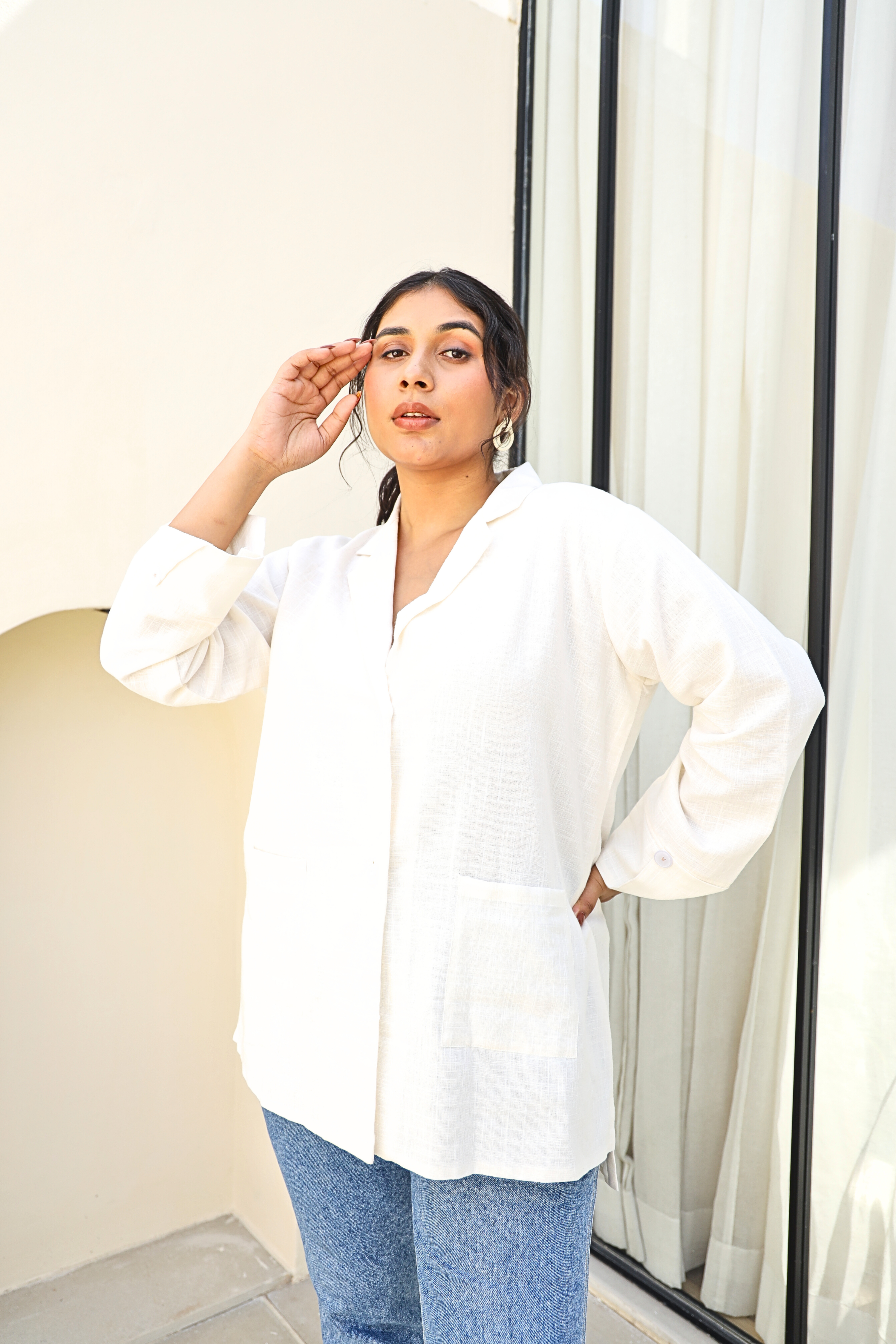 Classic White Cotton Slub Longline Shacket with Front Pockets