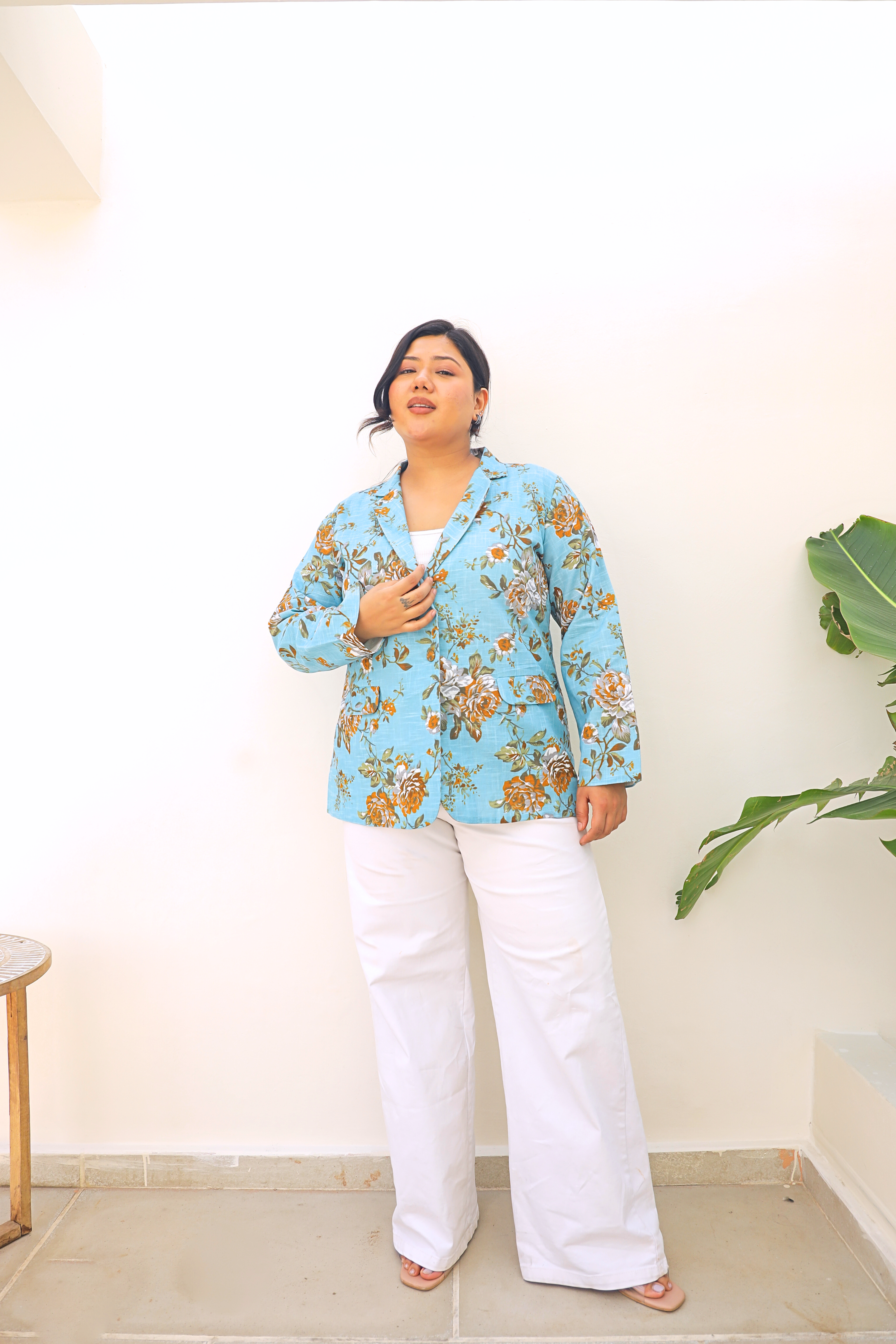 Aqua Floral Cotton Slub Tailored Blazer with Pockets