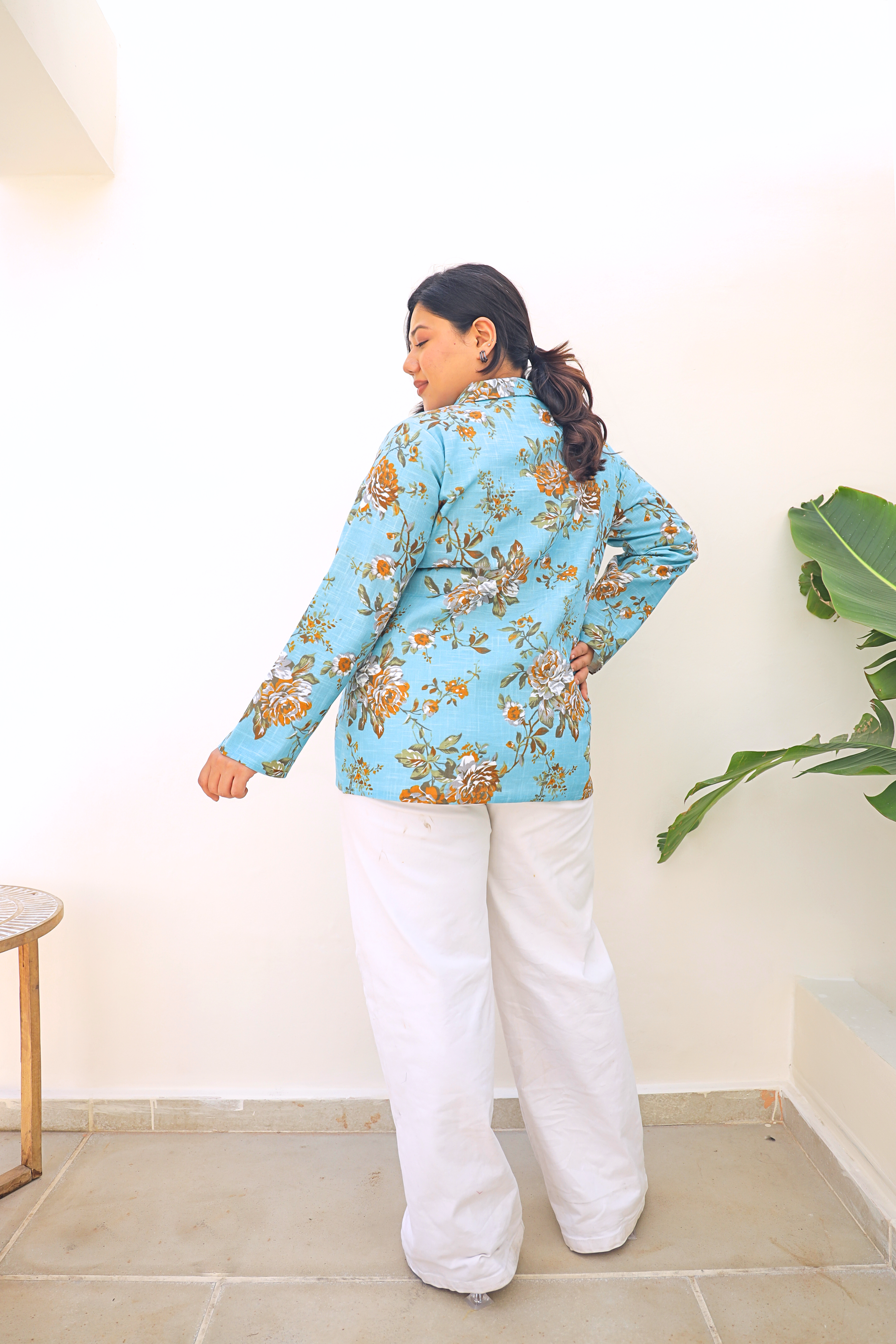 Aqua Floral Cotton Slub Tailored Blazer with Pockets