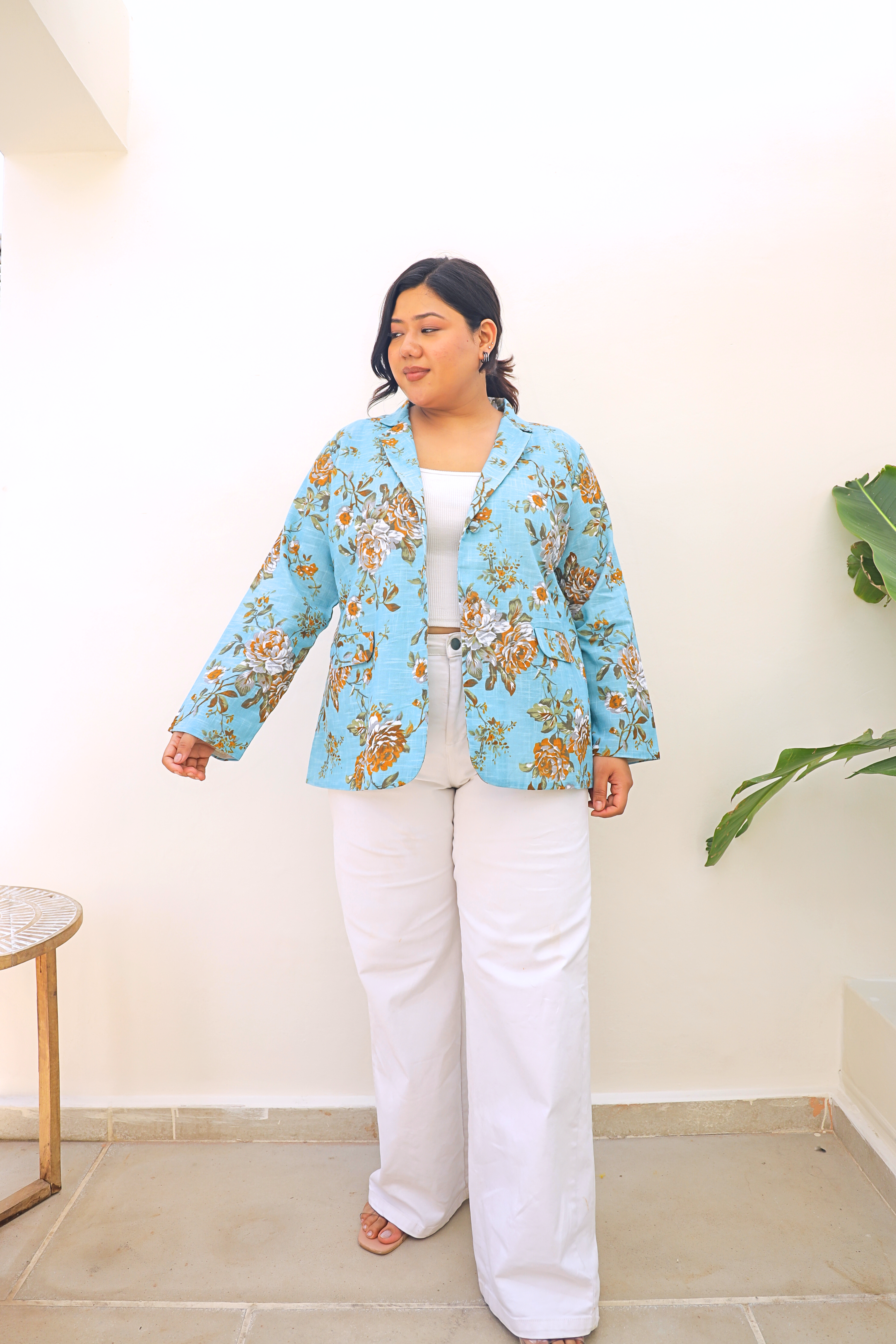Aqua Floral Cotton Slub Tailored Blazer with Pockets