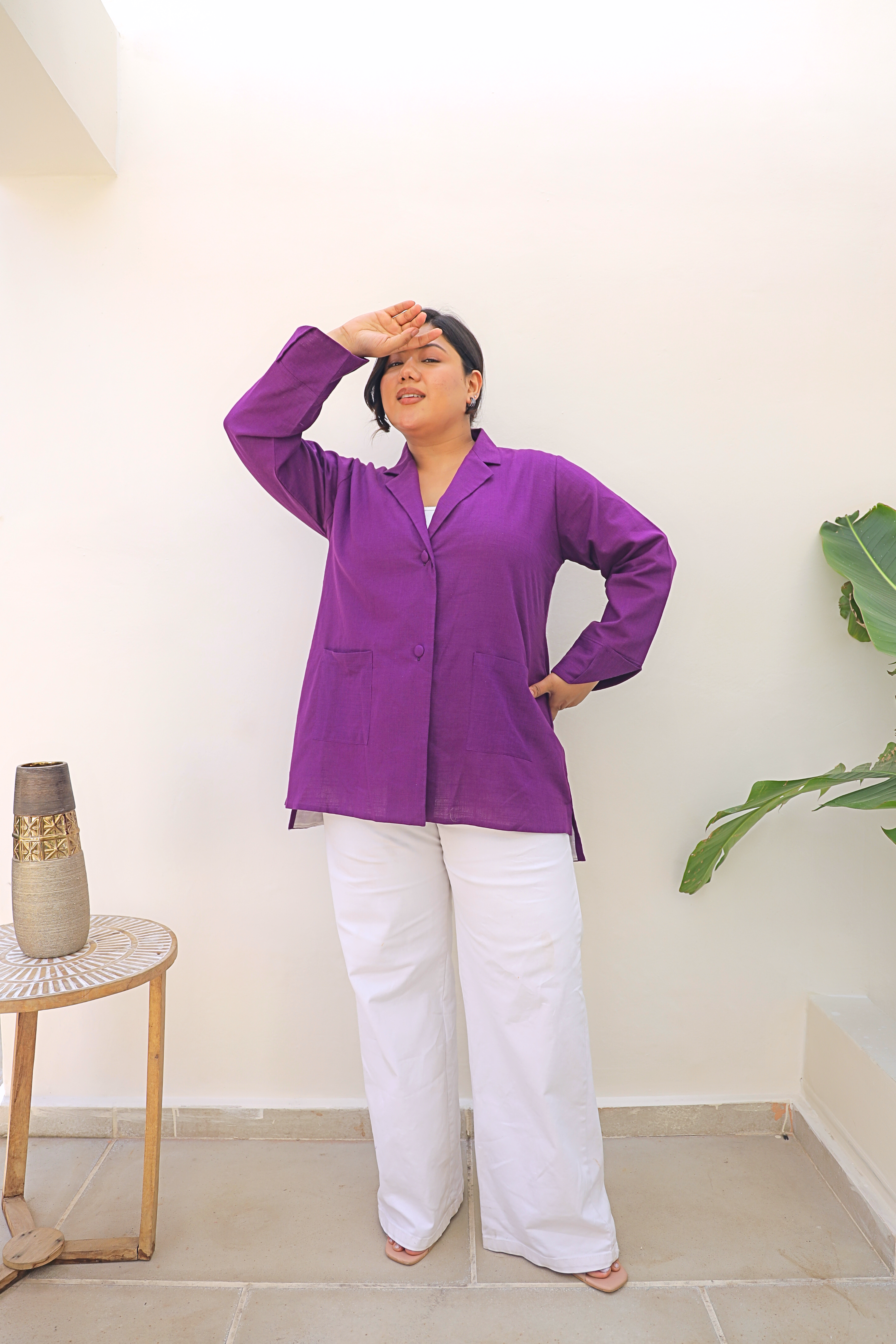Purple Linen Tailored Longline Blazer with Pockets