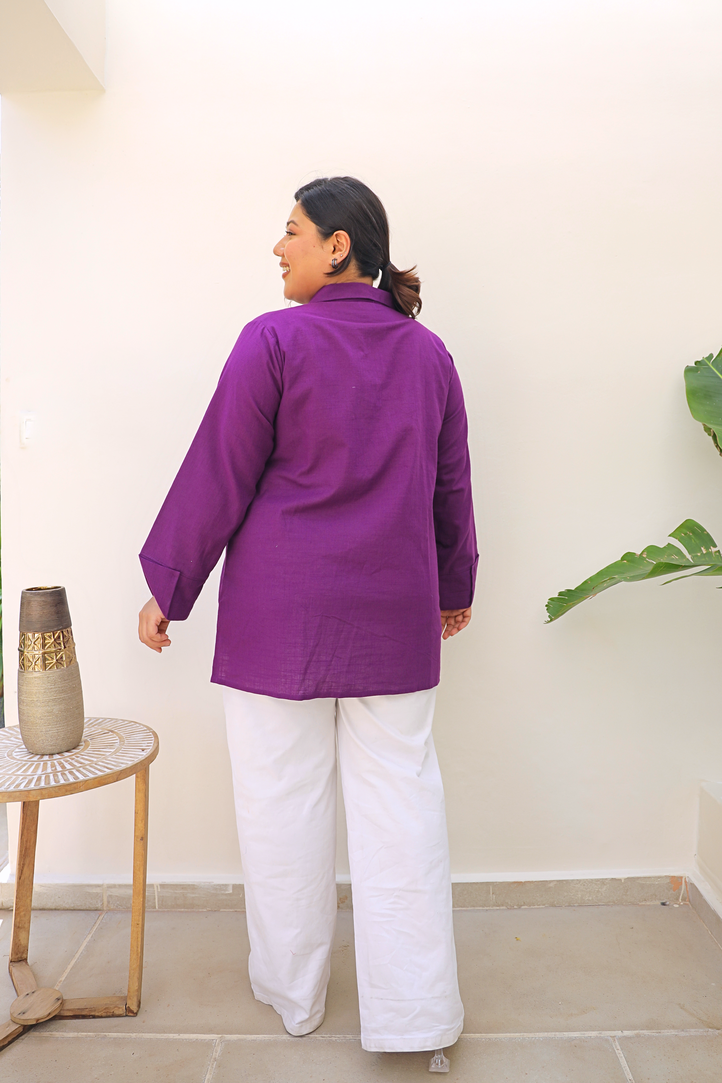 Purple Linen Tailored Longline Blazer with Pockets