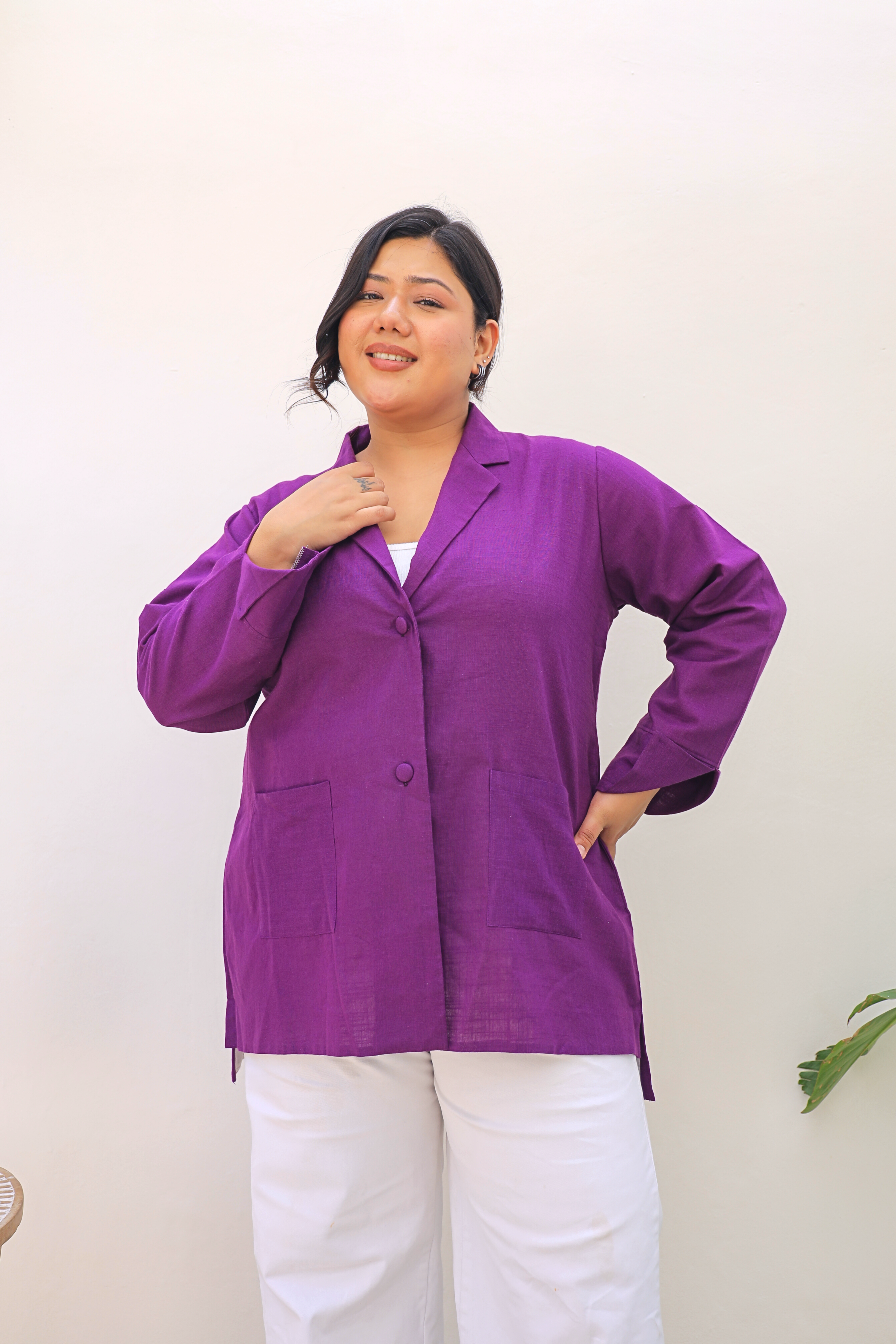 Purple Linen Tailored Longline Blazer with Pockets