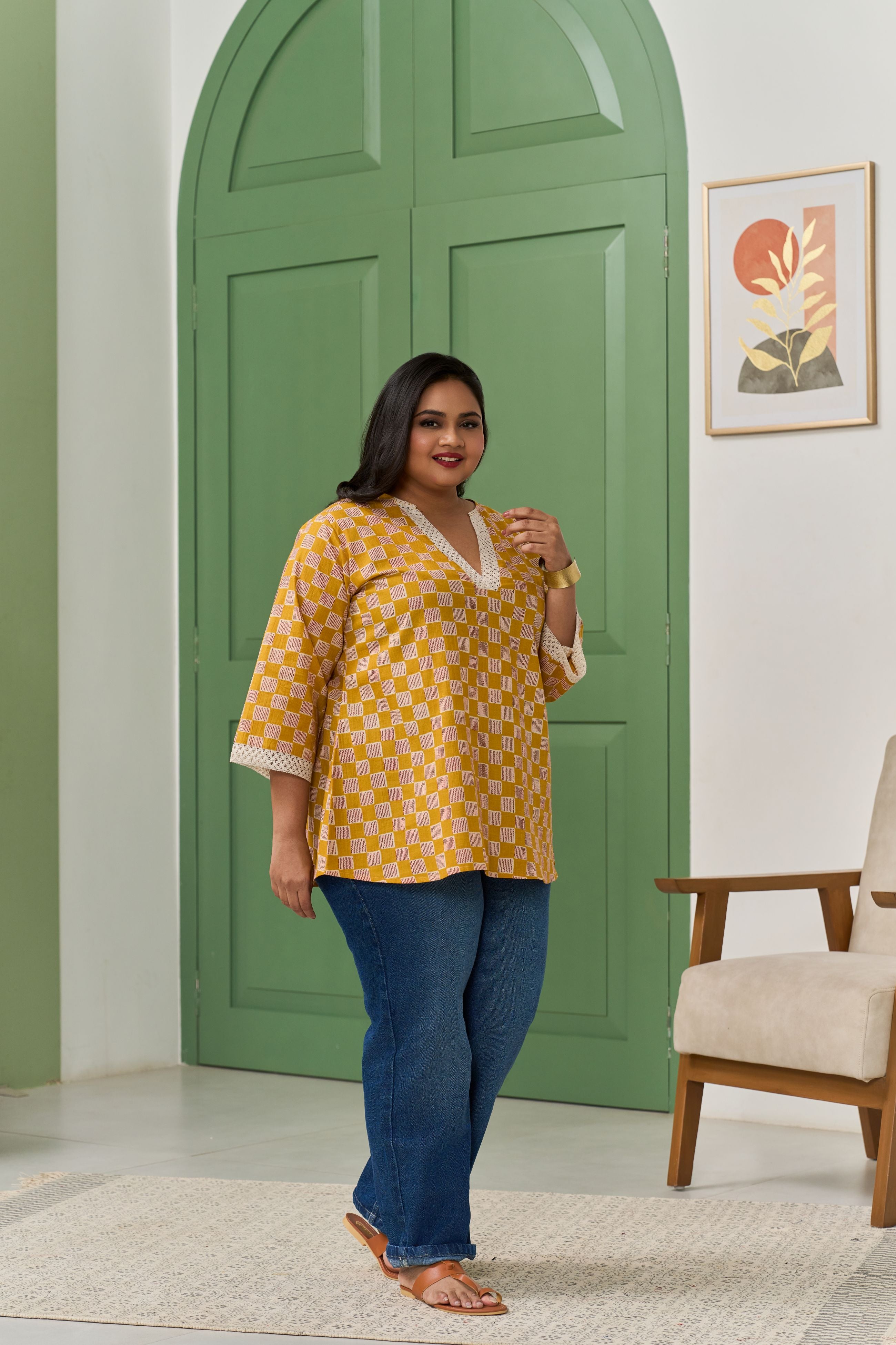 Mustard Crochet Lace  Detailed Elegant Top