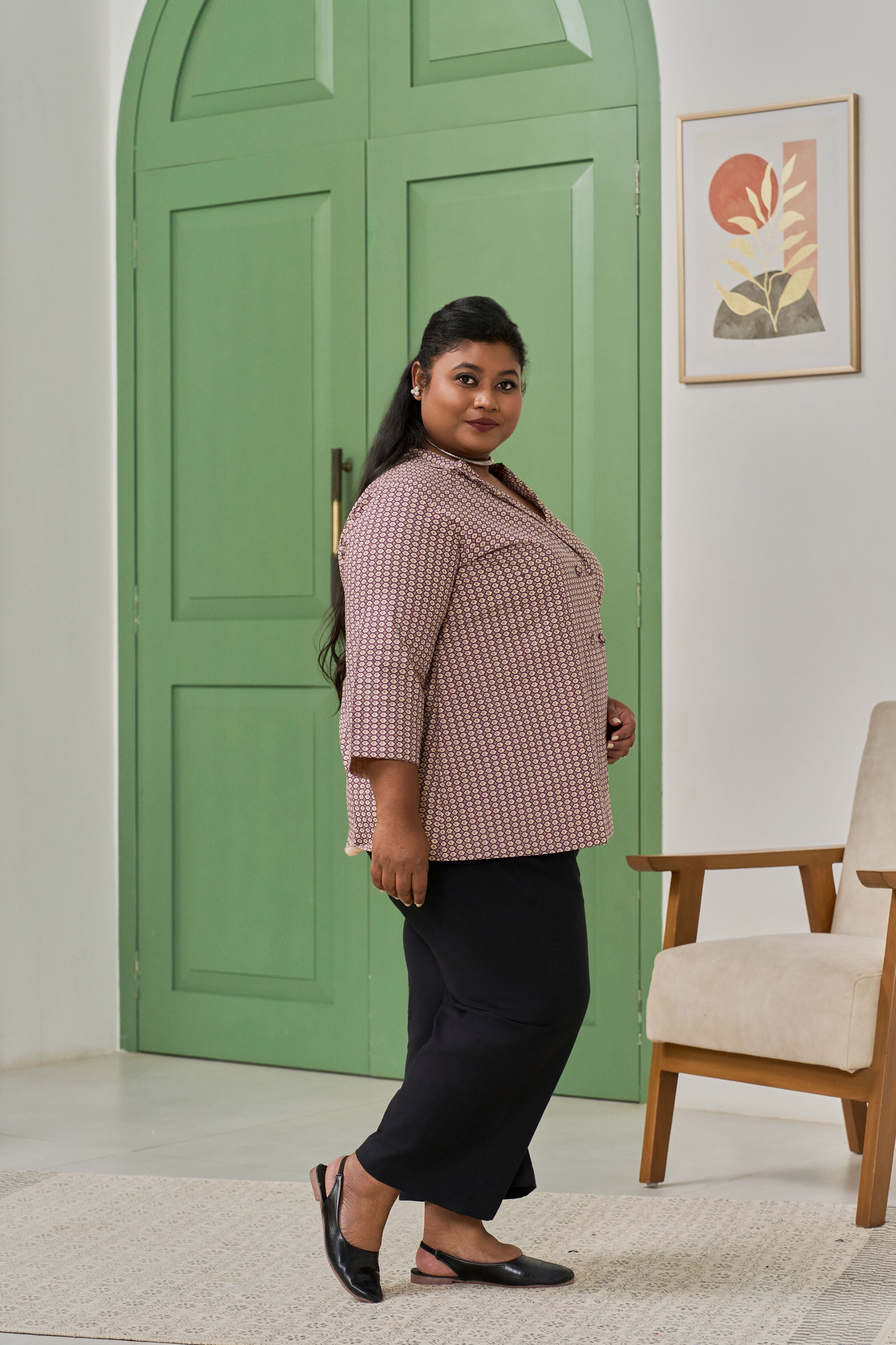 Wine Geometric Print Lapel Collar Blazer