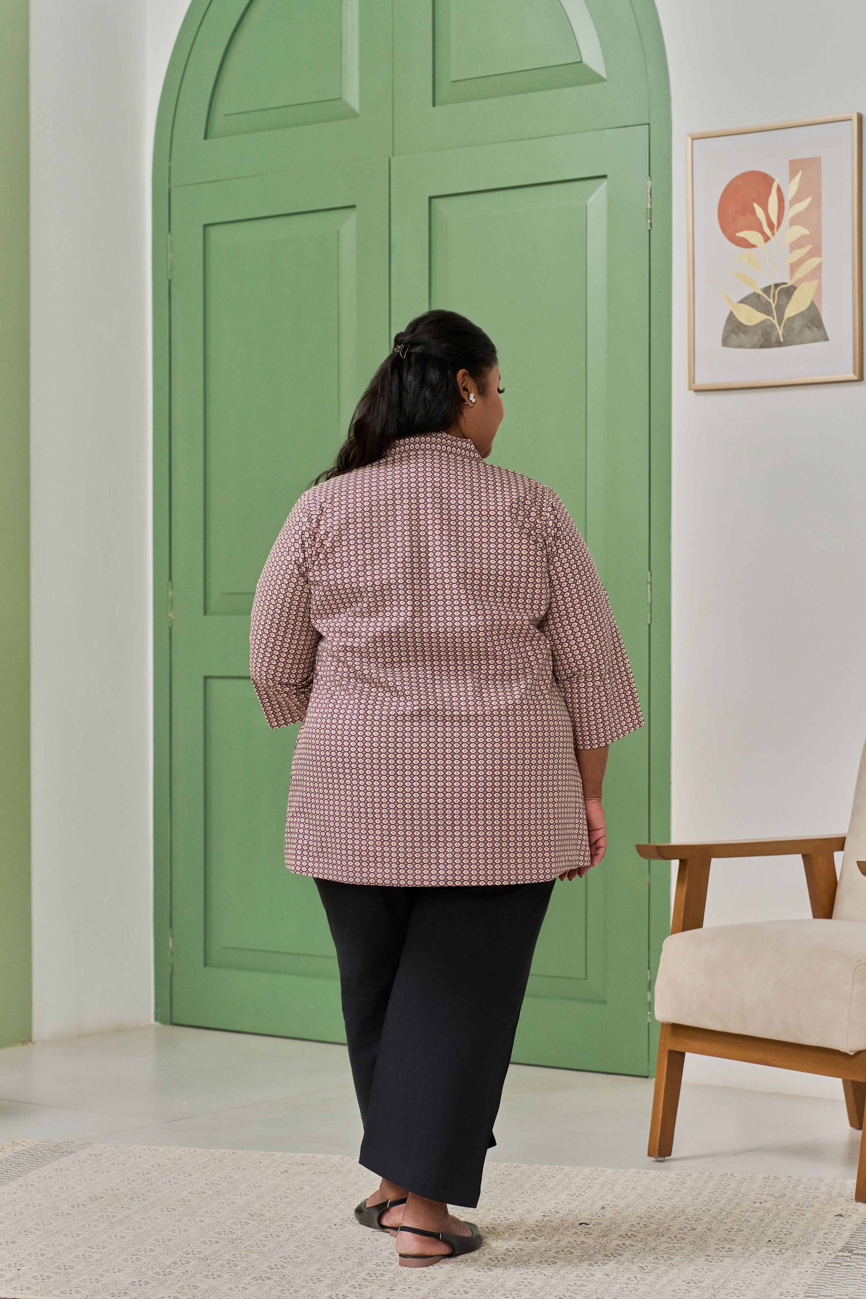 Wine Geometric Print Lapel Collar Blazer