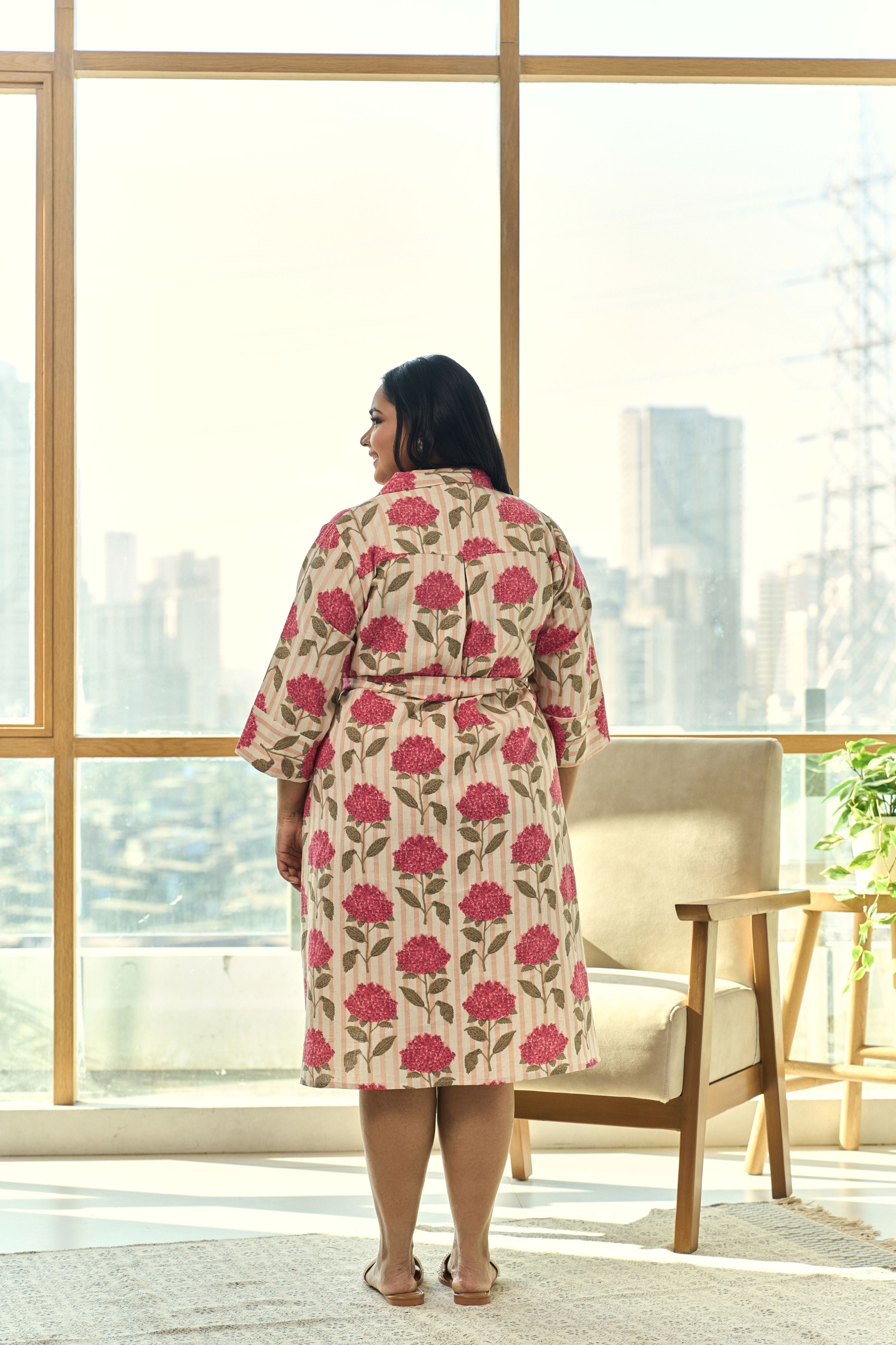 Chic Pink Floral Linen Shirt Dress with Belt – Elegant & Easy