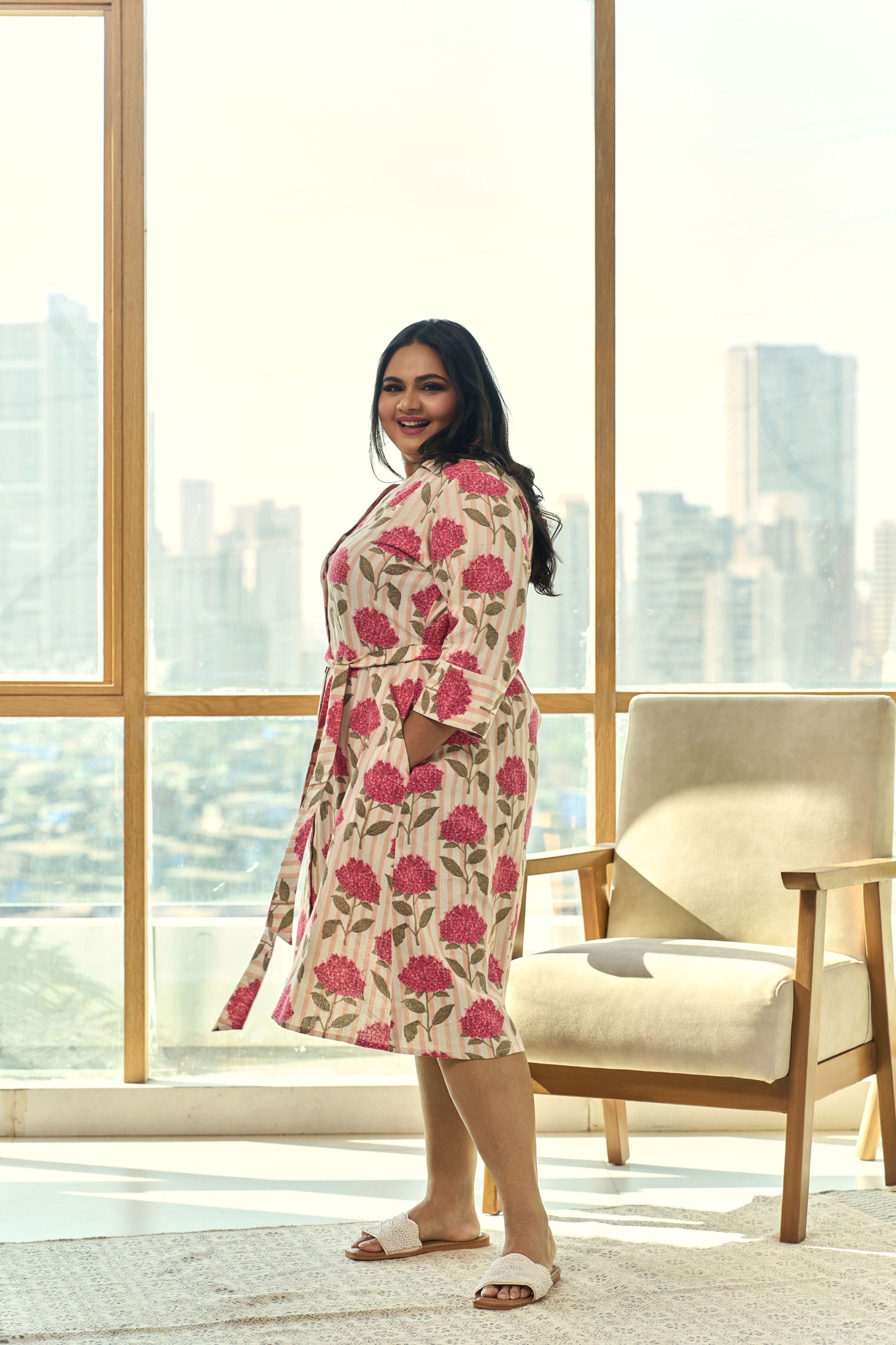 Chic Pink Floral Linen Shirt Dress with Belt – Elegant & Easy