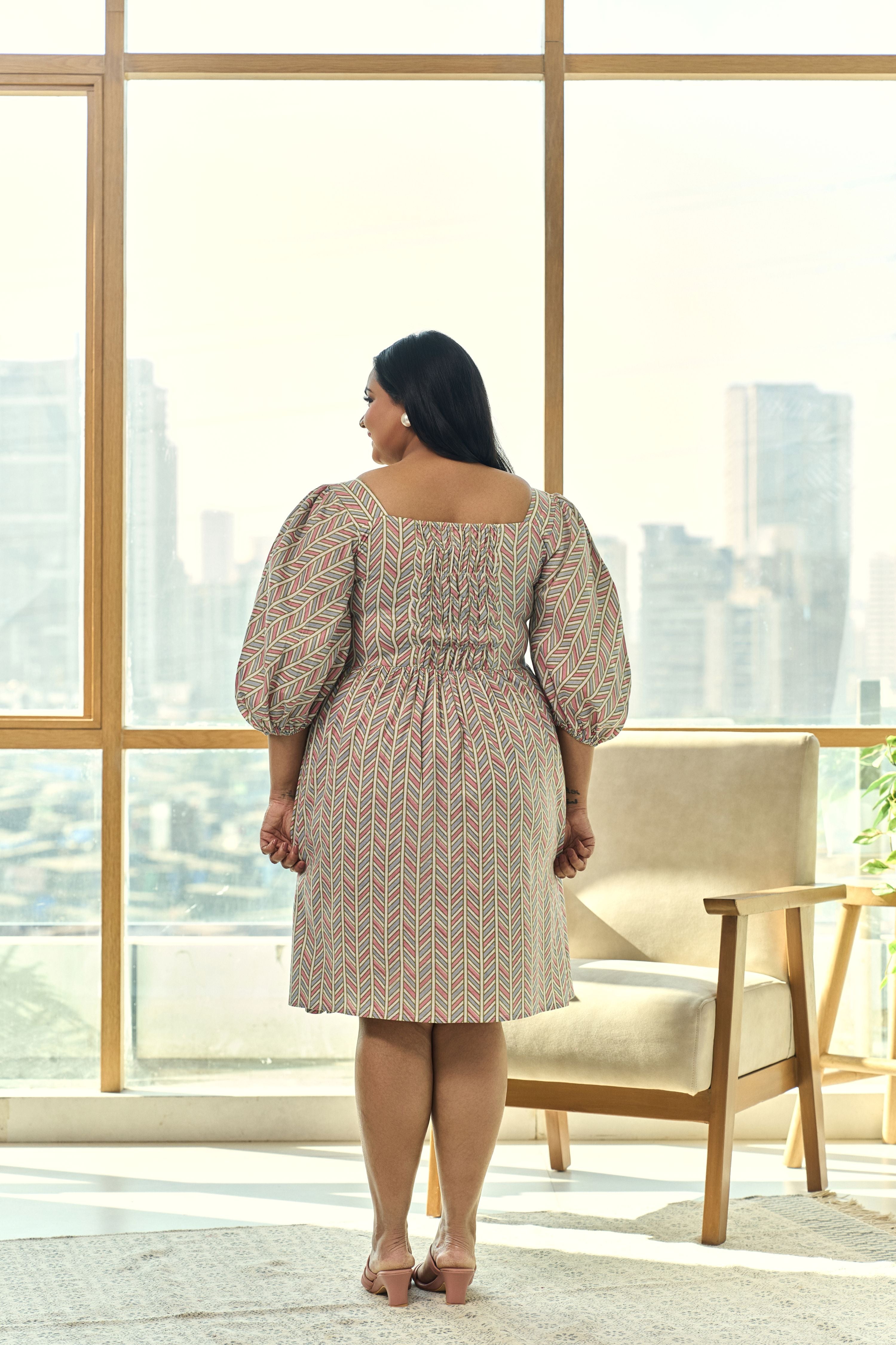 Muted Pink & Blue Chevron Print Short Dress