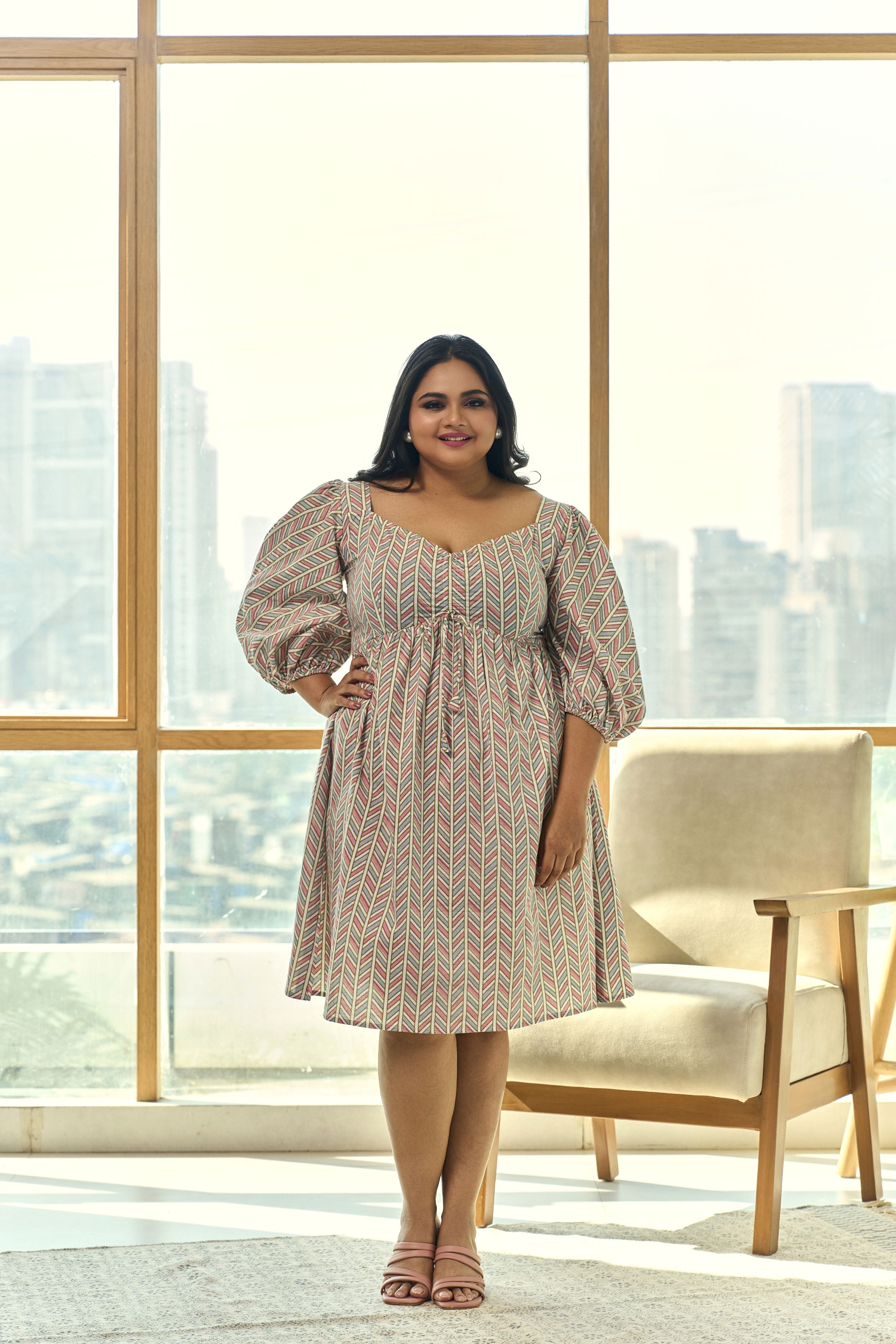 Muted Pink & Blue Chevron Print Short Dress