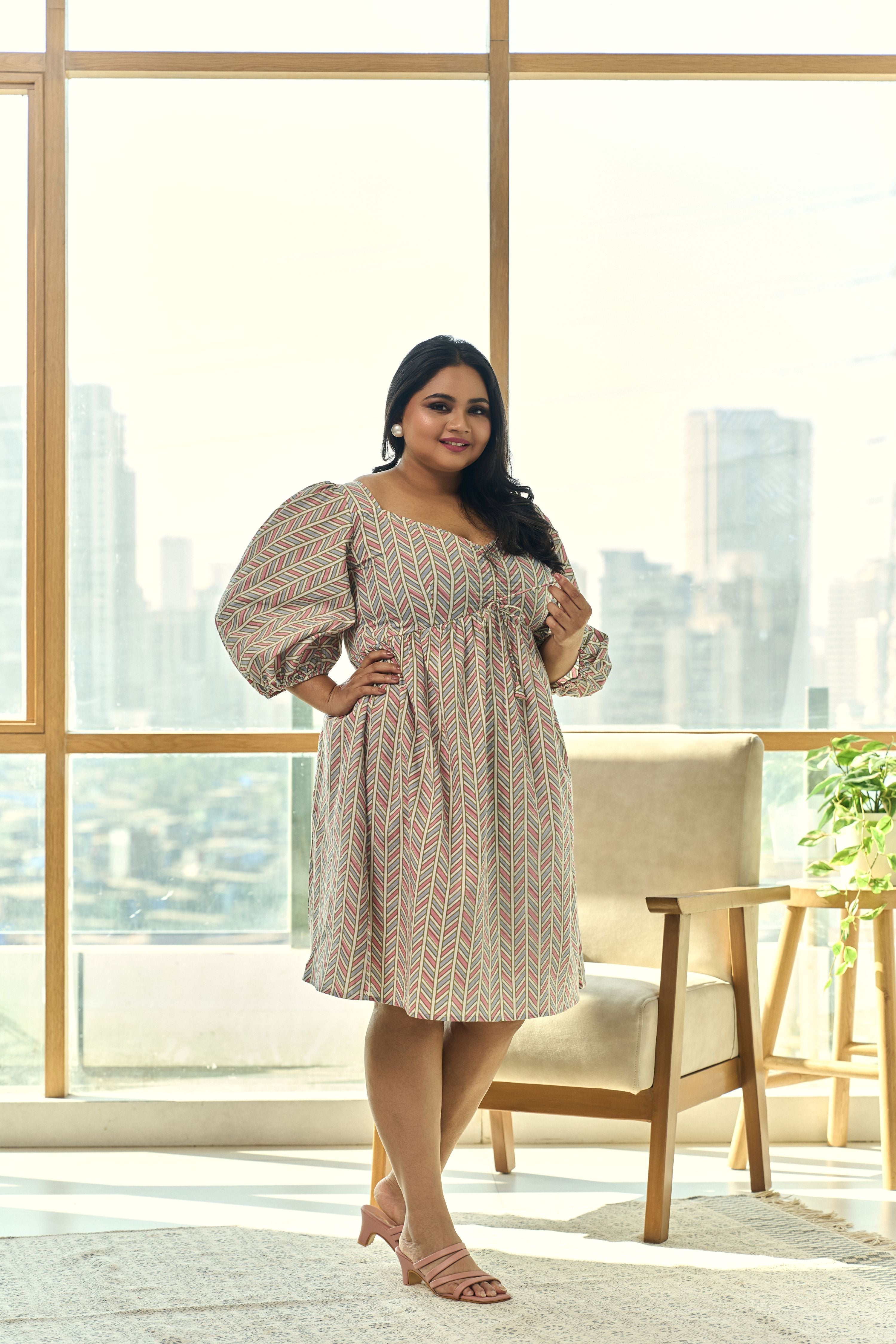 Muted Pink & Blue Chevron Print Short Dress