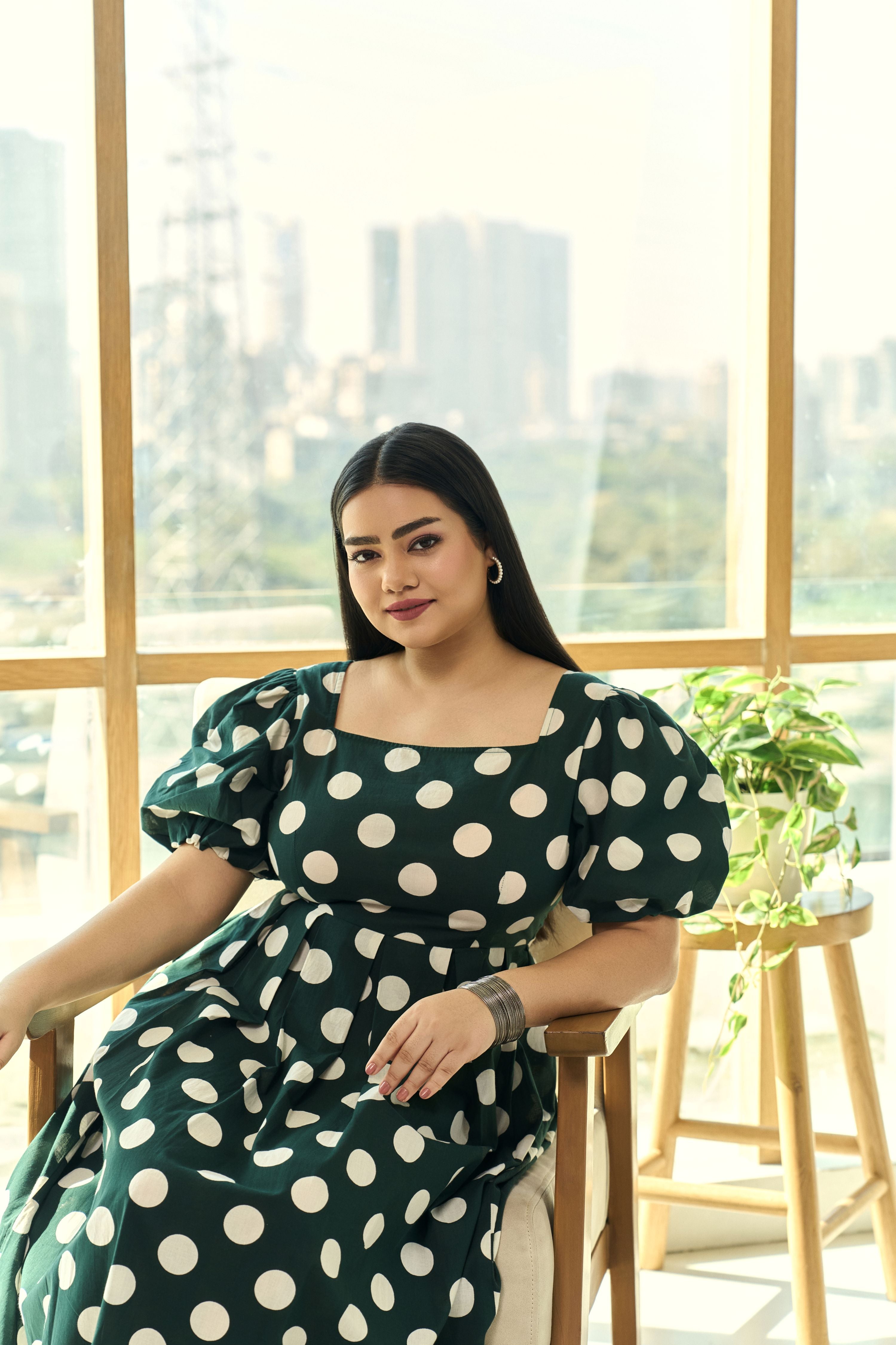 Timeless Polka Dot Green Cotton Maxi Dress with Puff Sleeves