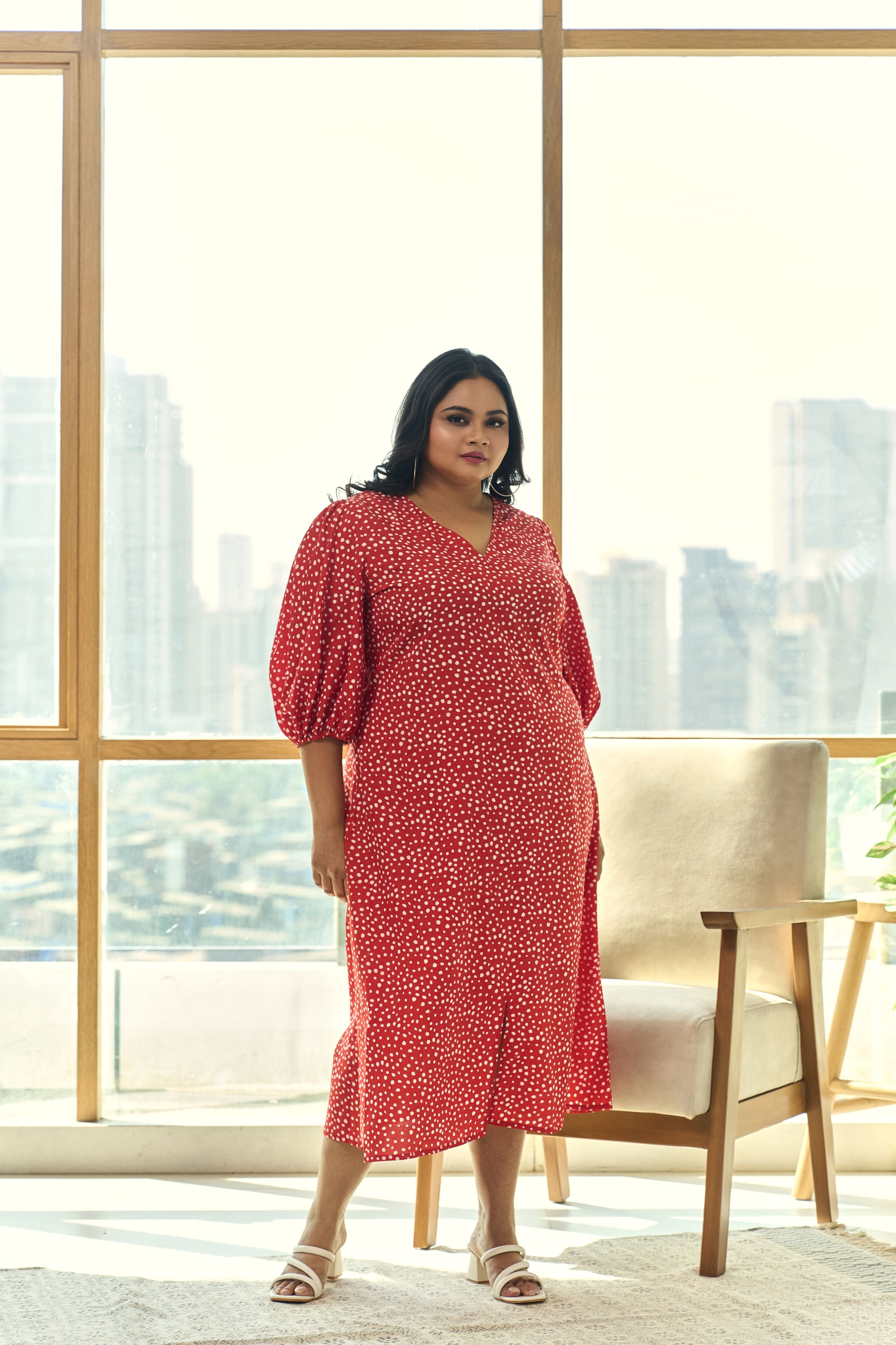 Trendy Red Animal Print Crepe Midi Dress – Party Perfect