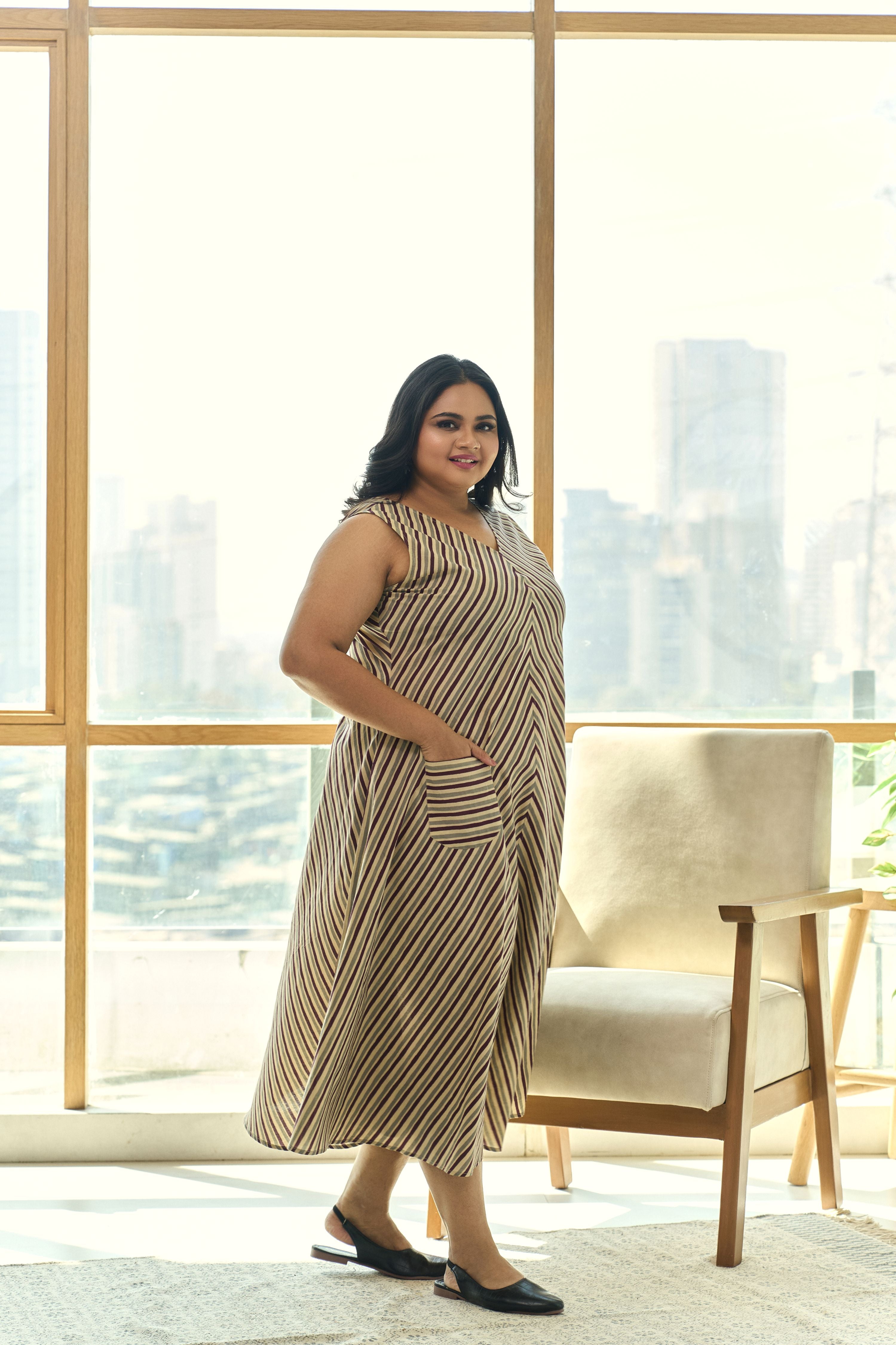 Trendy Striped A-line Cotton Mocha Maxi Dress with Pockets