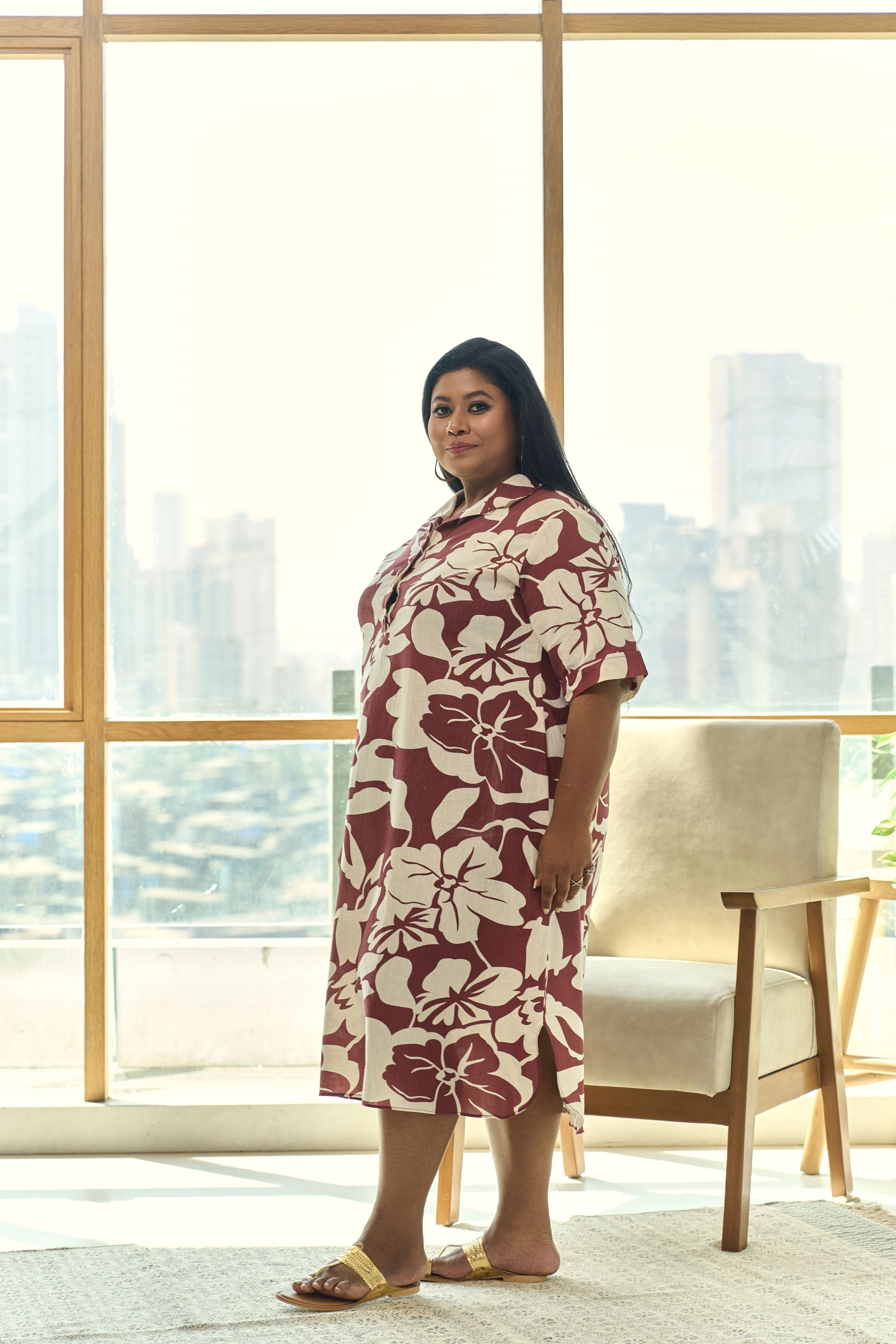 Brown & Beige Floral Print Linen Midi Dress