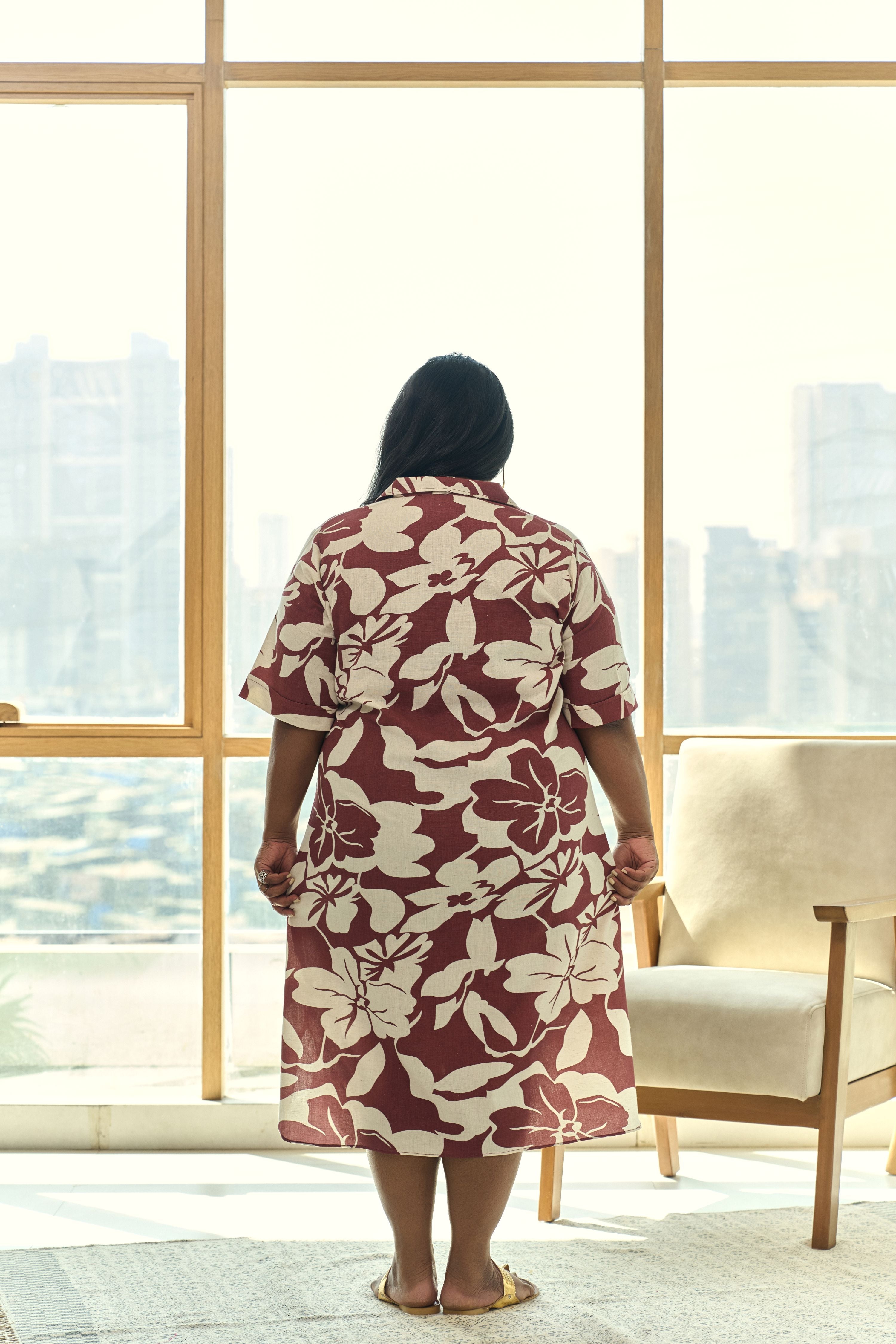 Brown & Beige Floral Print Linen Midi Dress