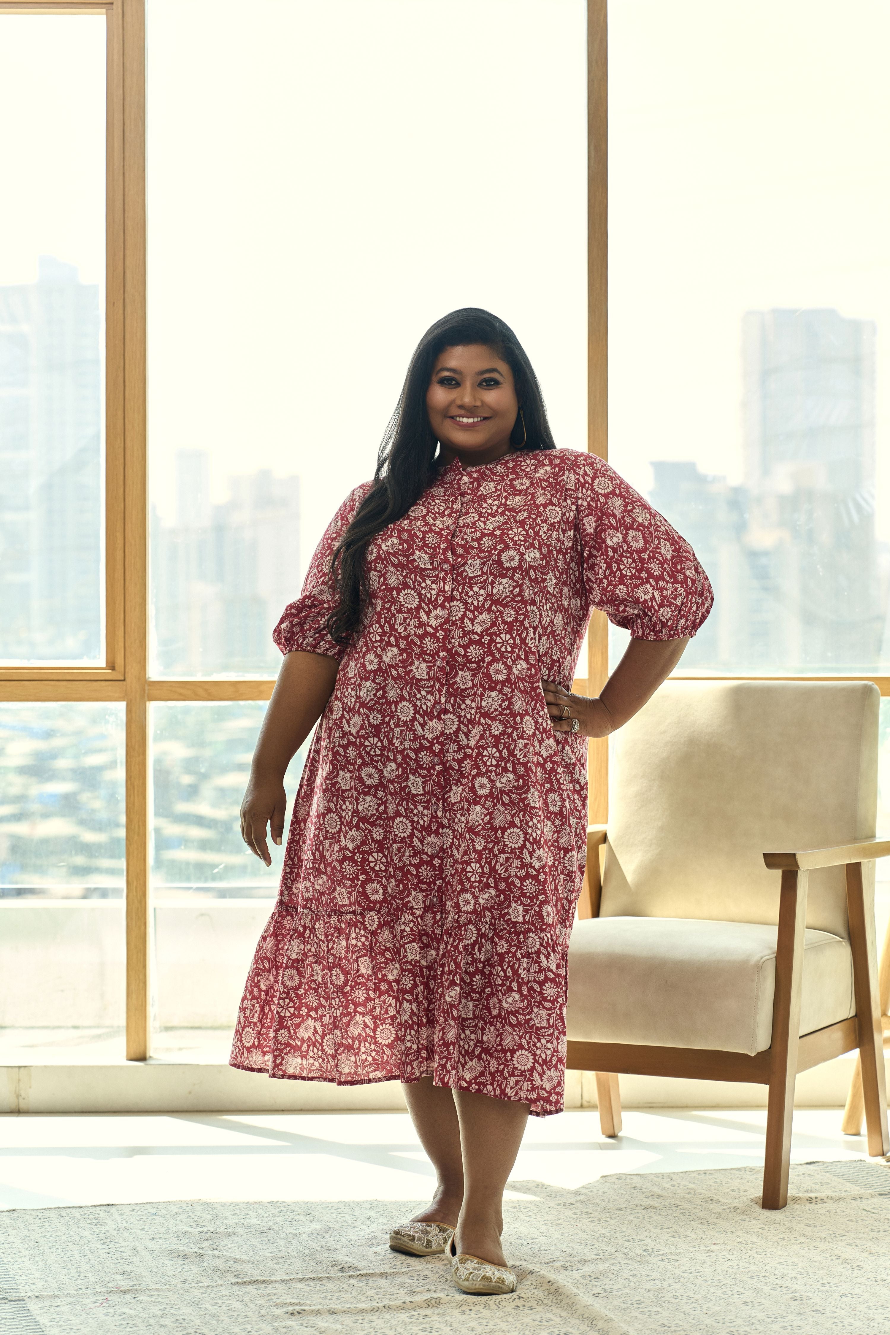 Red Floral Print Tiered Cotton Maxi Dress