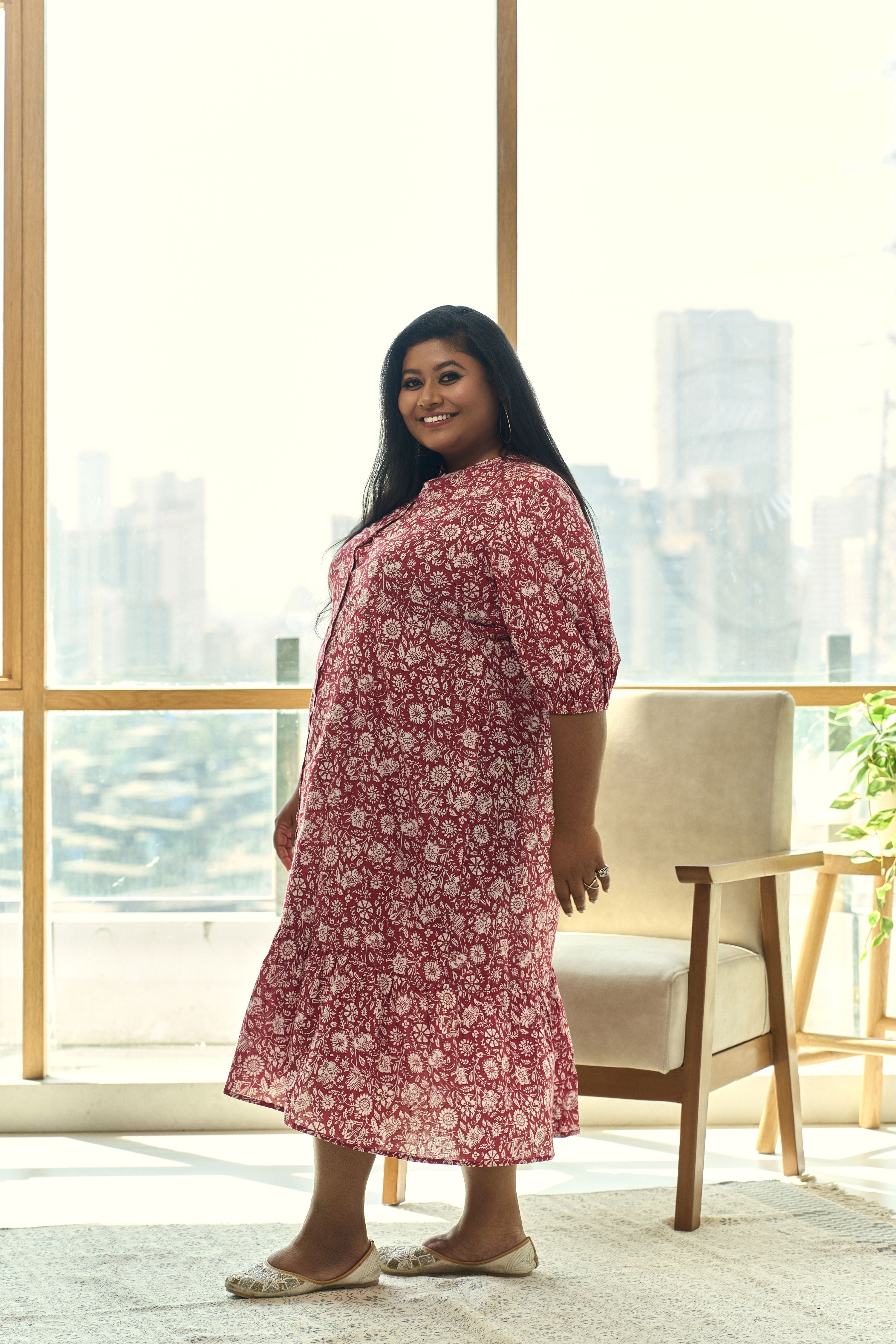 Red Floral Print Tiered Cotton Maxi Dress