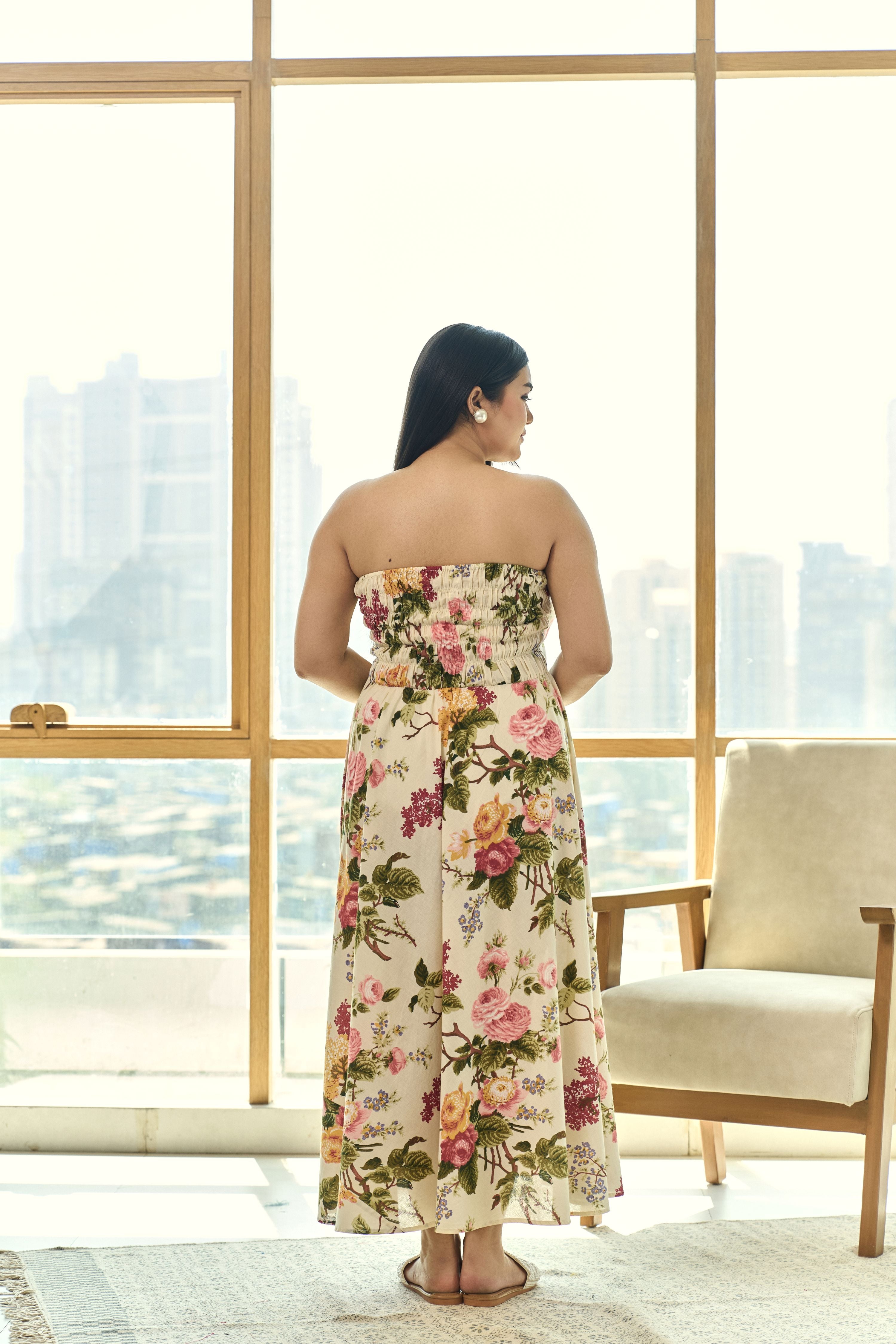 Beige Pleated Floral Cotton Tube Dress – Chic & Elegant