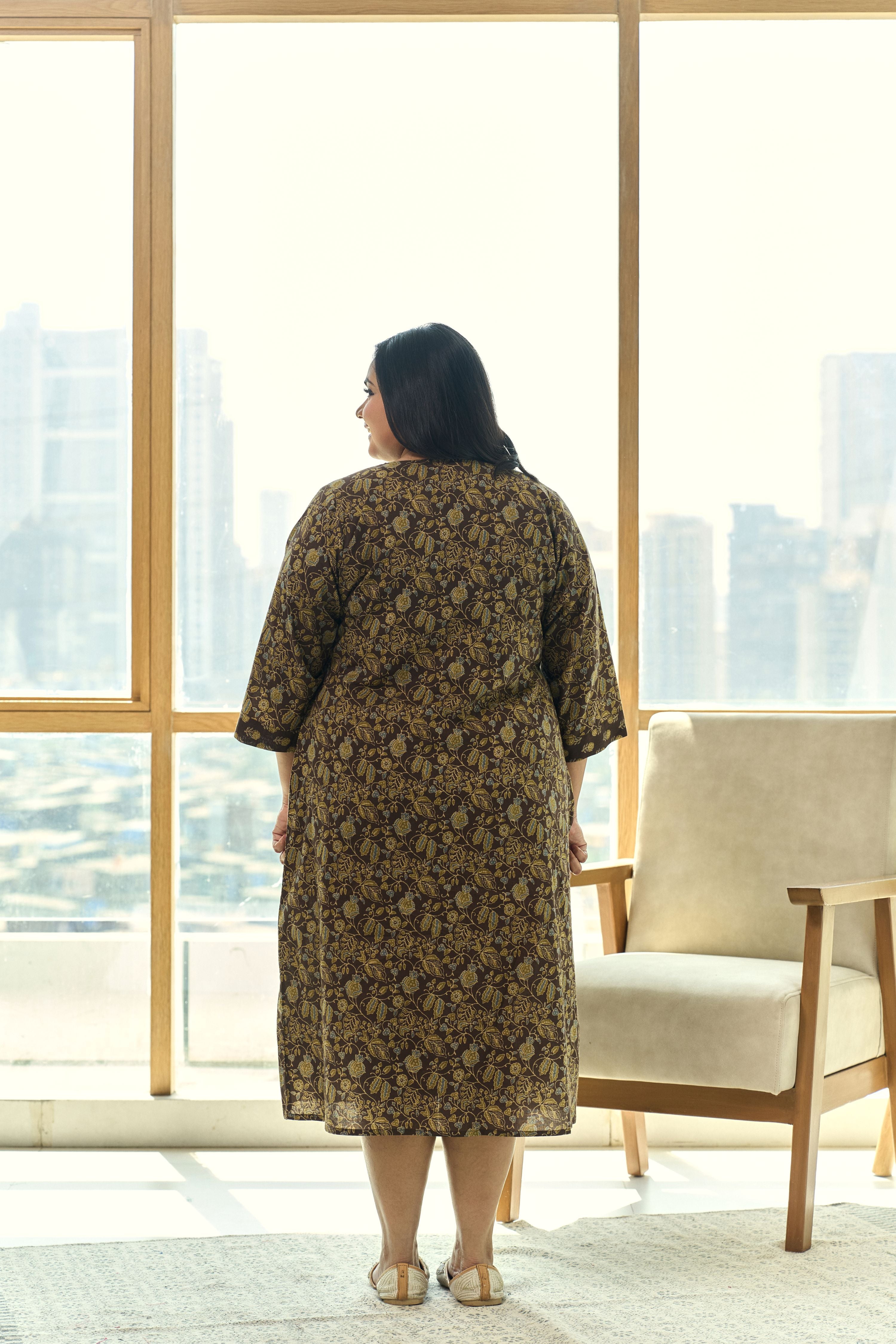 Mehendi Green Ajrakh Print Indo-Western  Midi Dress