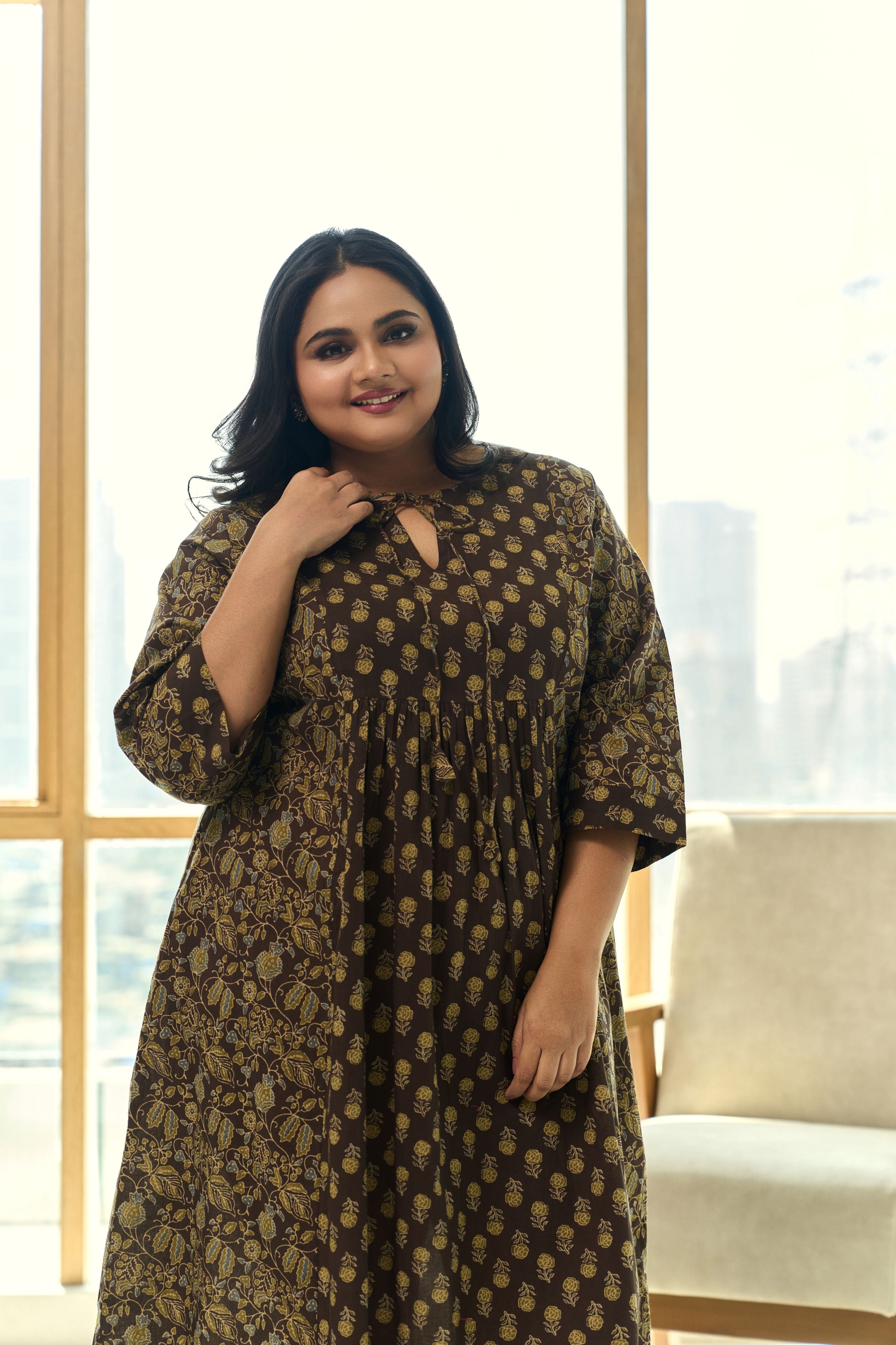 Mehendi Green Ajrakh Print Indo-Western  Midi Dress