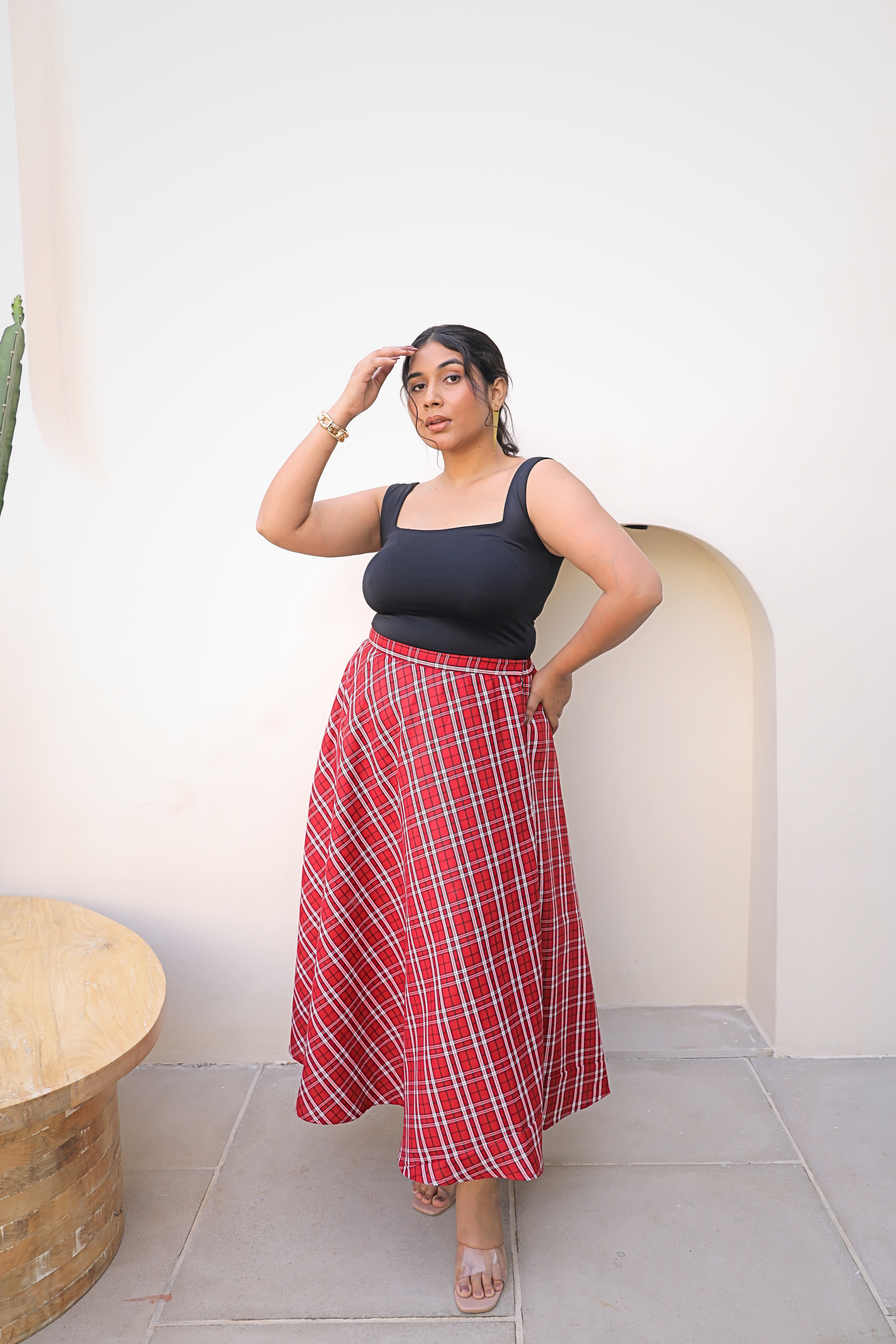 Red Checkered A-line Midi Skirt