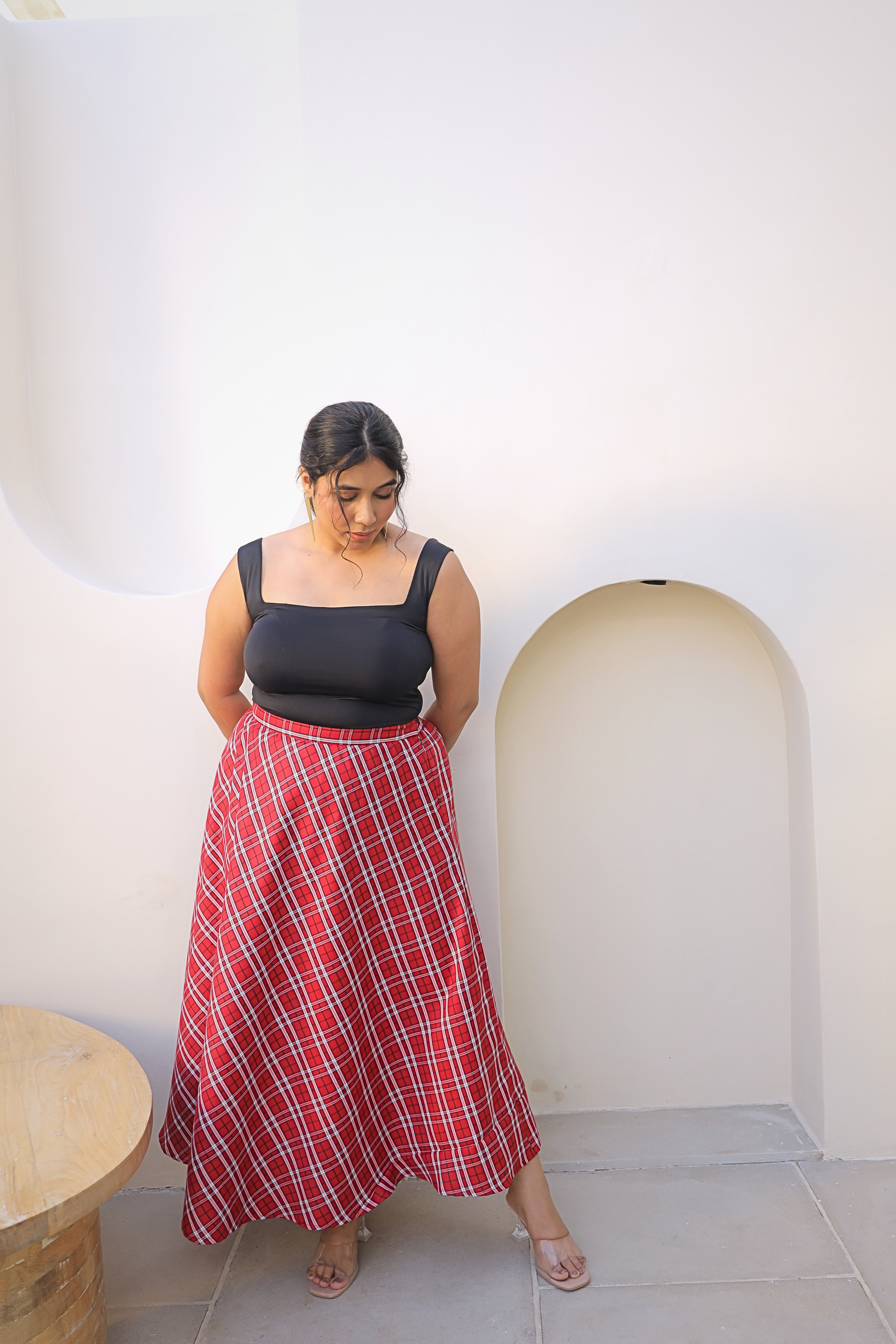 Red Checkered A-line Midi Skirt