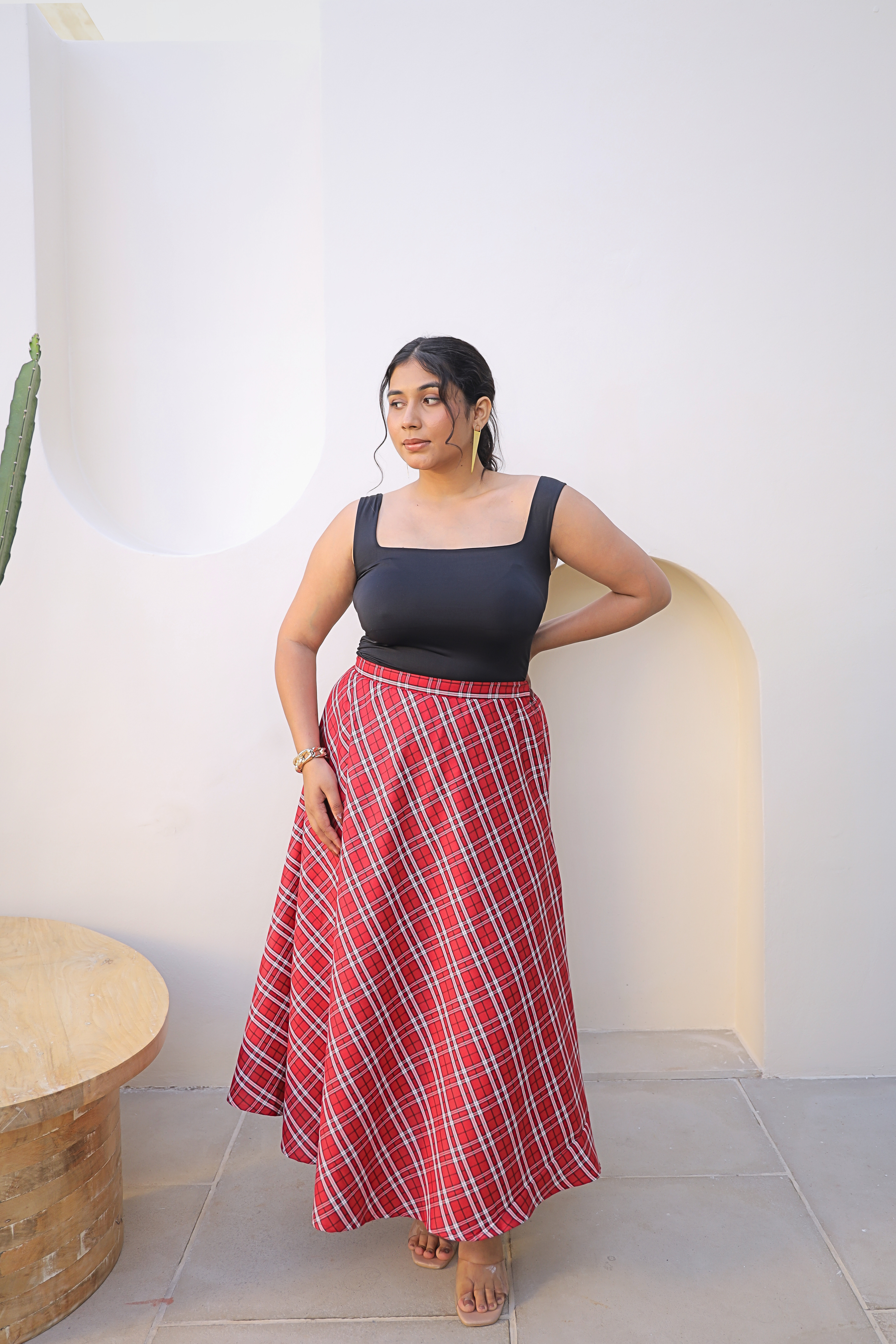 Red Checkered A-line Midi Skirt