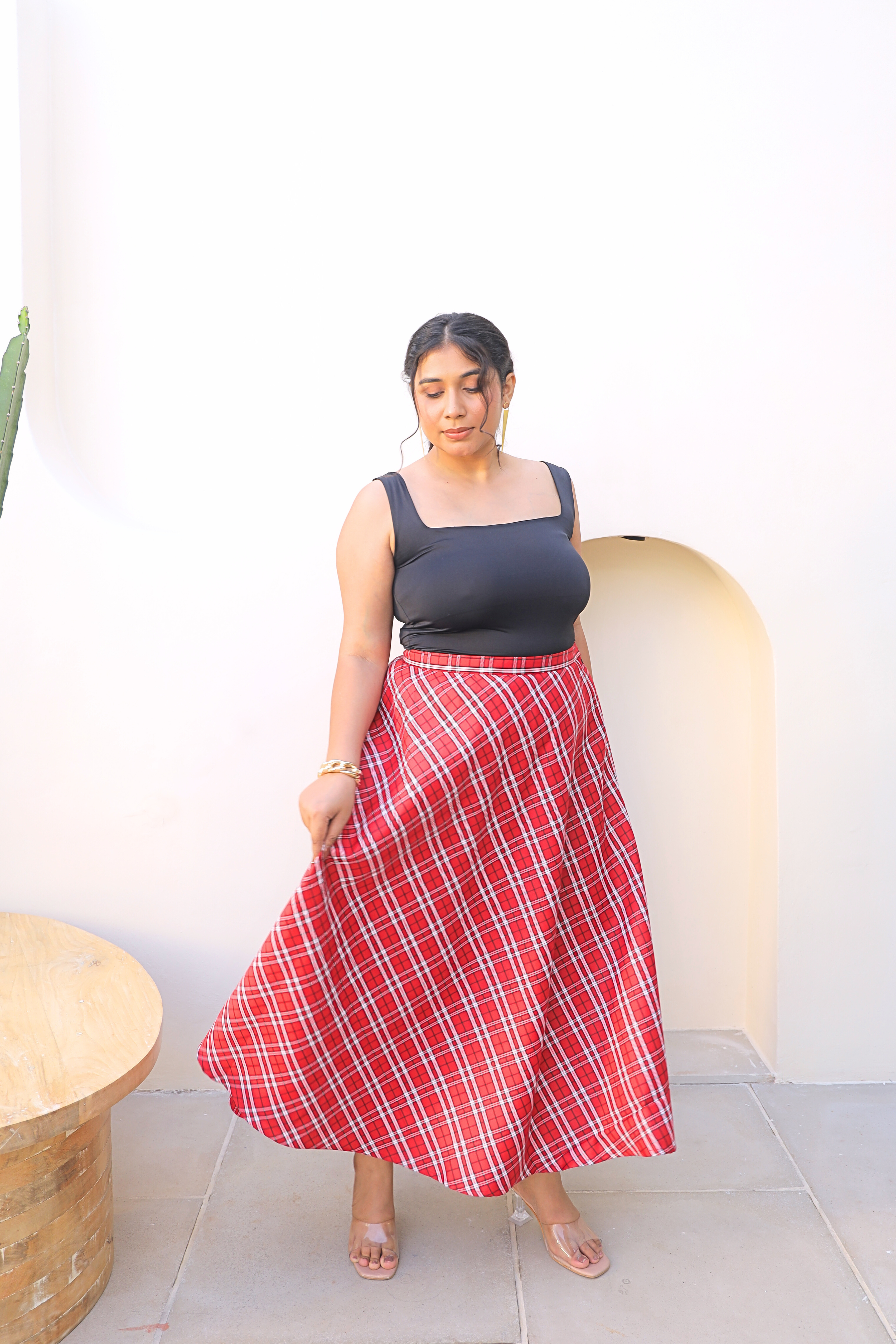 Red Checkered A-line Midi Skirt