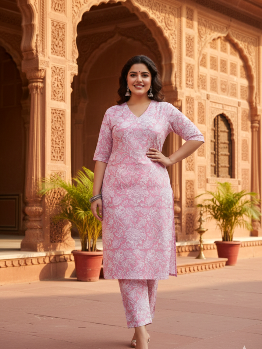 Pink Printed V Neck Straight Kurta Pant Set - (Set of 2)