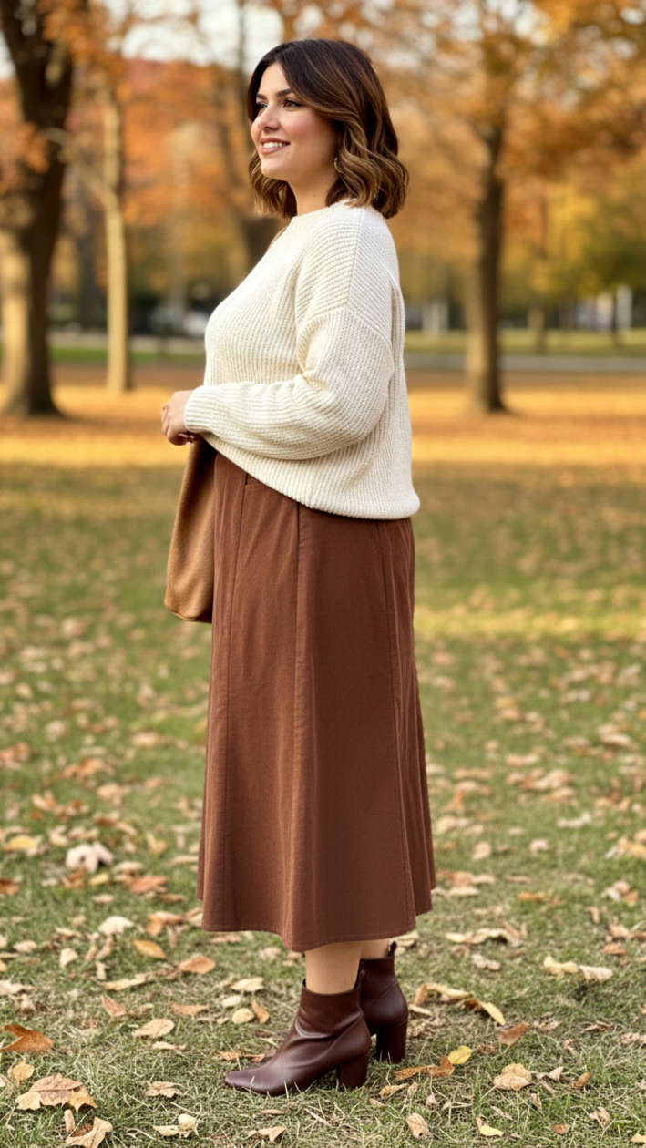 Brown High-Waisted Courduroy Midi Skirt