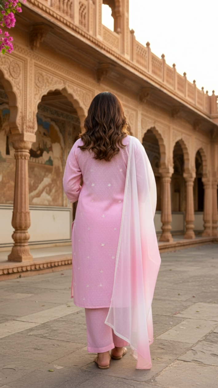 Plus Size Women’s Pink Embroidered Kurta Set with Dupatta – Festive Ethnic Wear