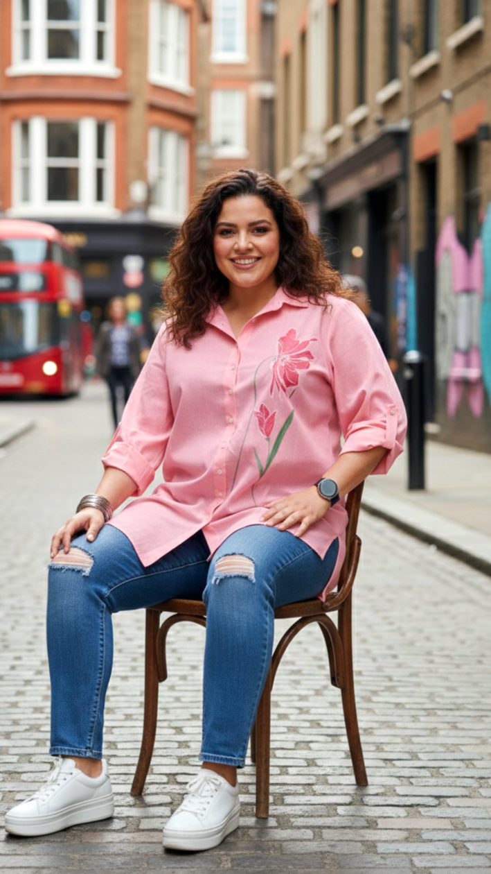 Plus Size Women’s Pink Embroidered Cotton Shirt – Oversized Casual Fit