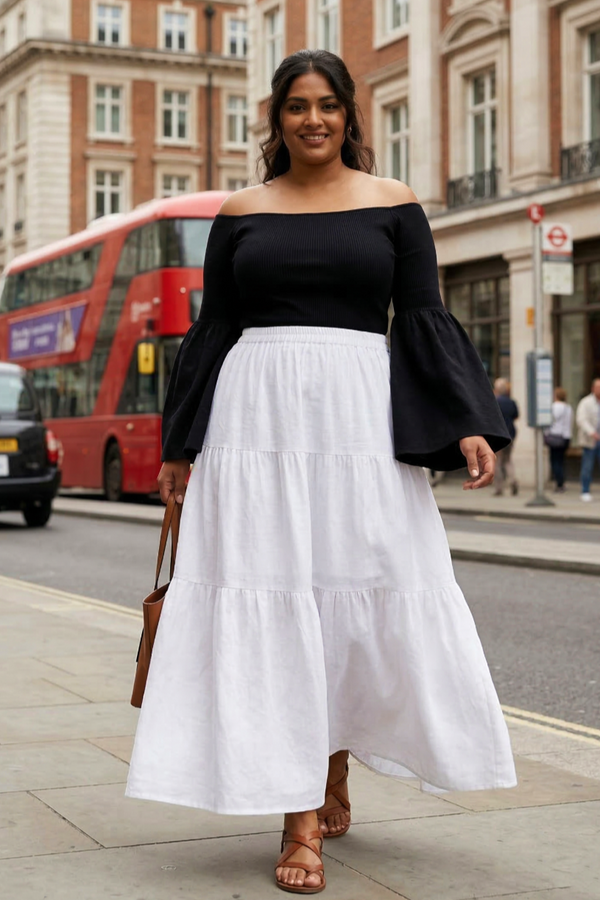 Plus Size White Rayon Tiered Skirt for Women – Elegant Flowy Casual Skirt