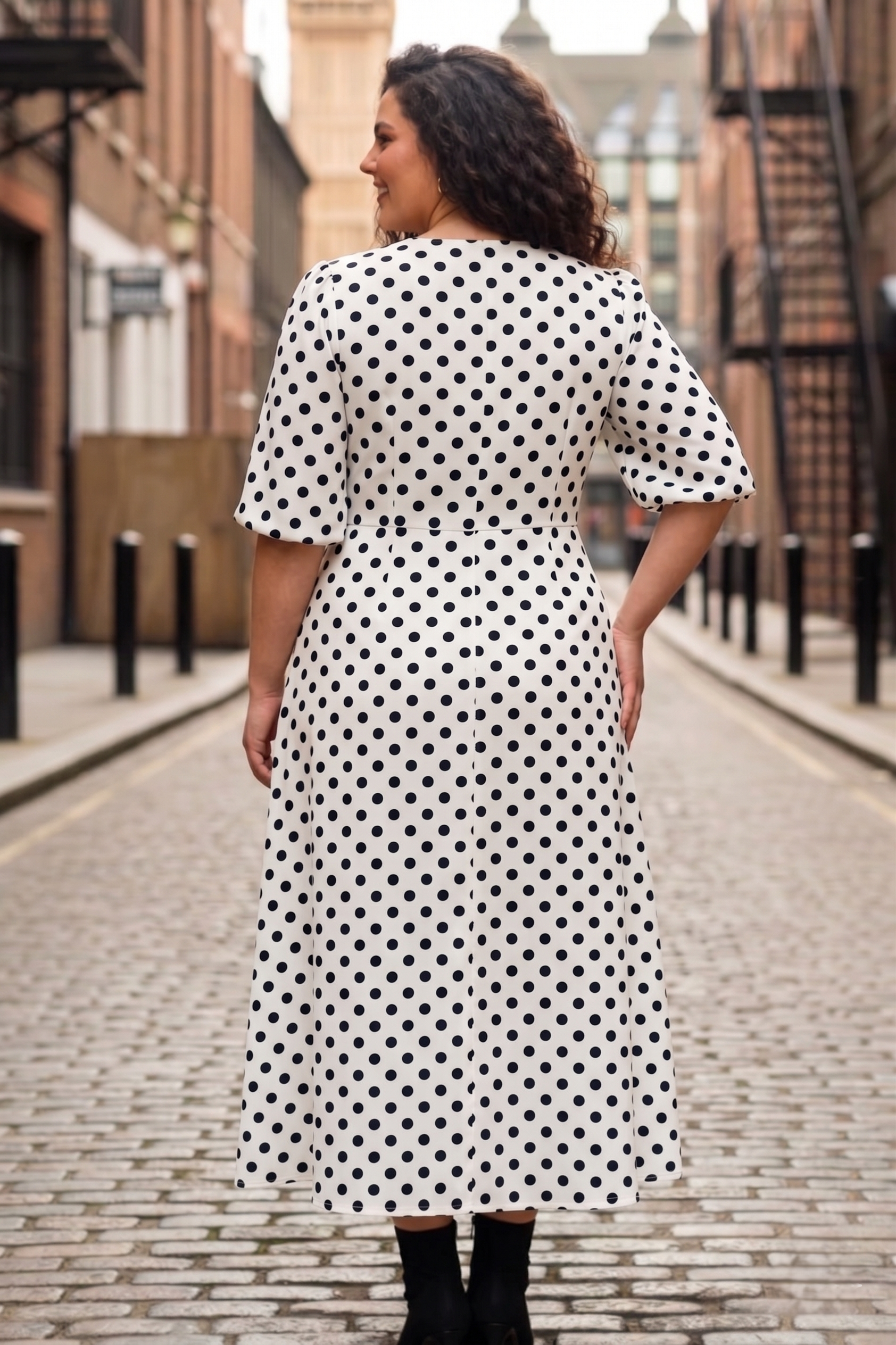 Plus Size Crepe Polka Dot Midi Dress – Elegant V-Neck Button Front Dress