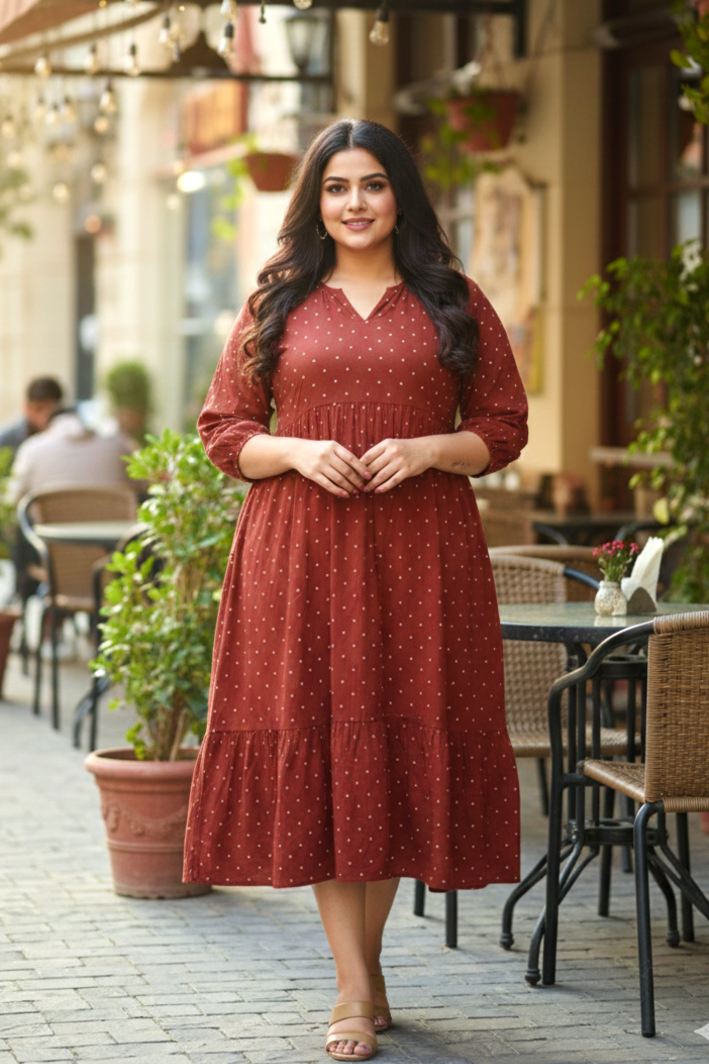 Plus Size Rust Printed Tiered Midi Dress – Casual Everyday A-Line Dress