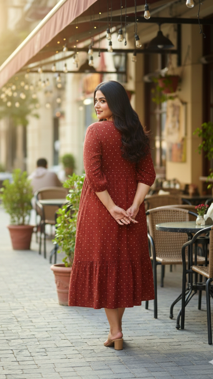 Plus Size Rust Printed Tiered Midi Dress – Casual Everyday A-Line Dress