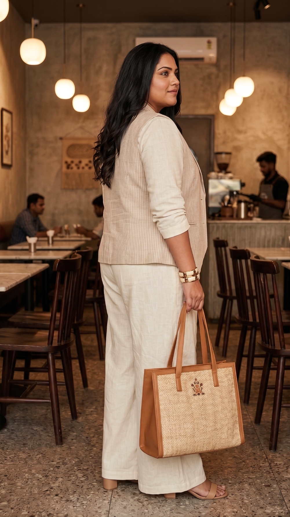 Plus Size Cotton Linen Wide-Leg Trousers for Women – Beige High Waist Comfortable Pants