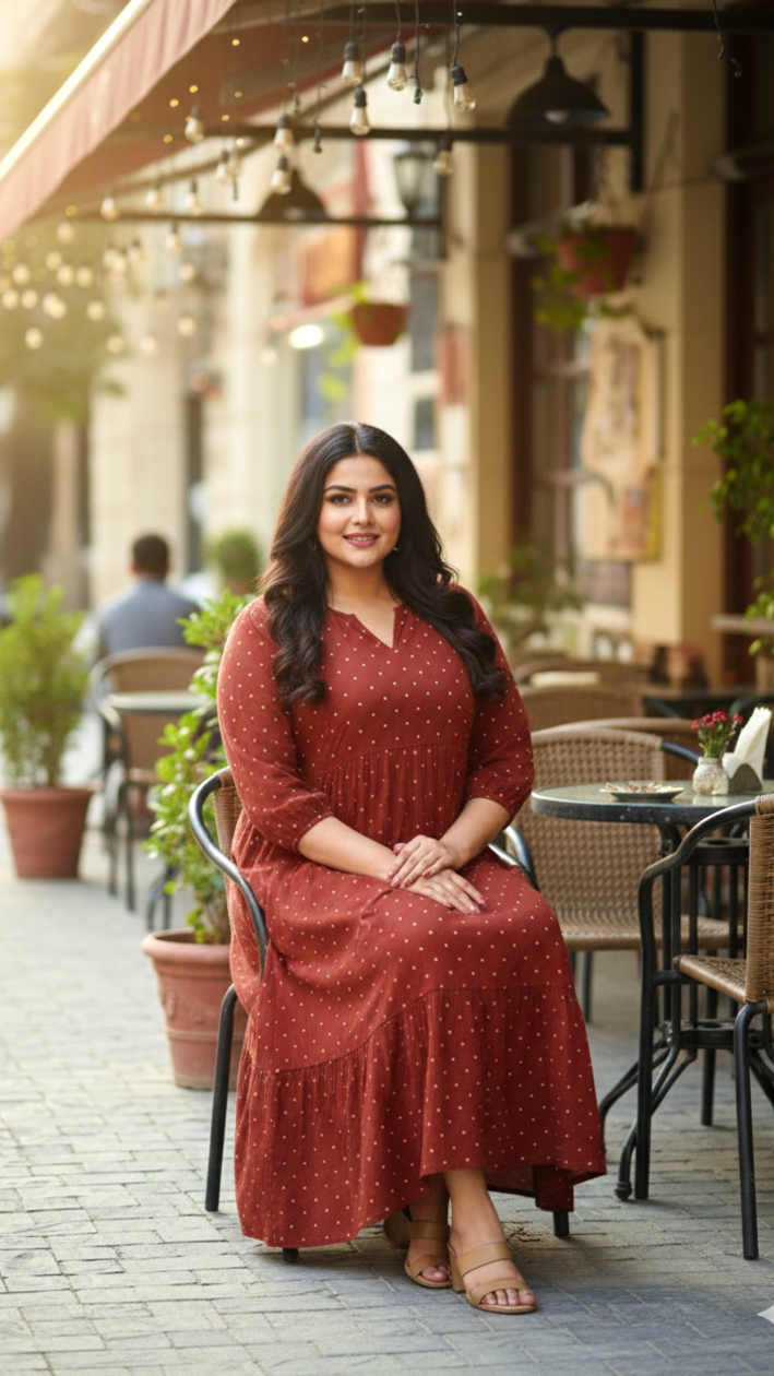 Plus Size Rust Printed Tiered Midi Dress – Casual Everyday A-Line Dress