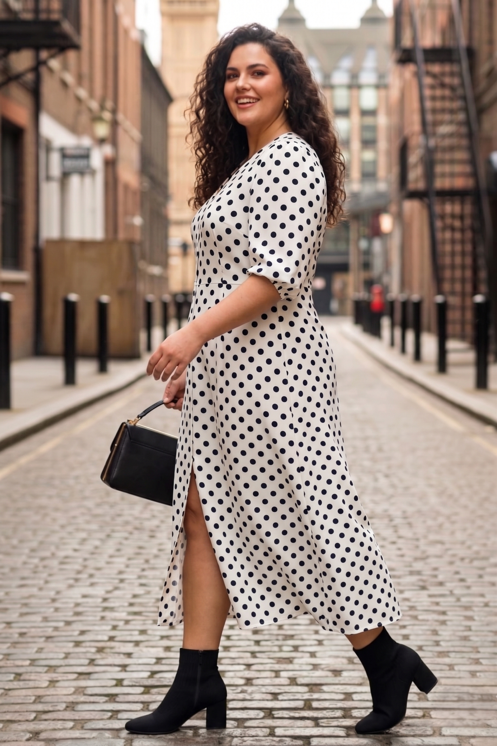 Plus Size Crepe Polka Dot Midi Dress – Elegant V-Neck Button Front Dress