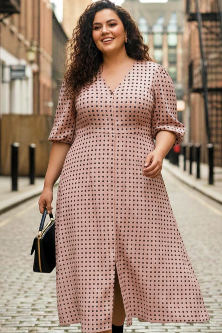Plus Size Women’s Polka Dot Midi Dress – Elegant A-Line