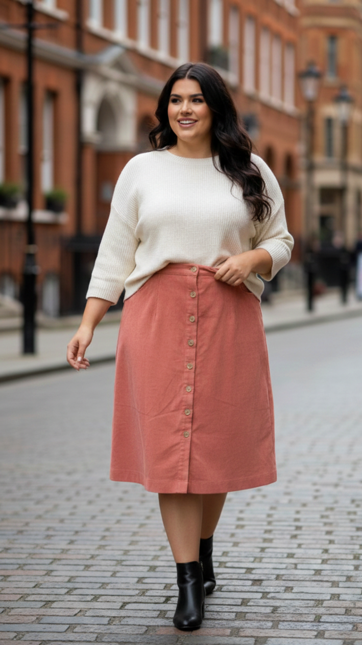 Pink High-Waisted Courduroy Midi Skirt