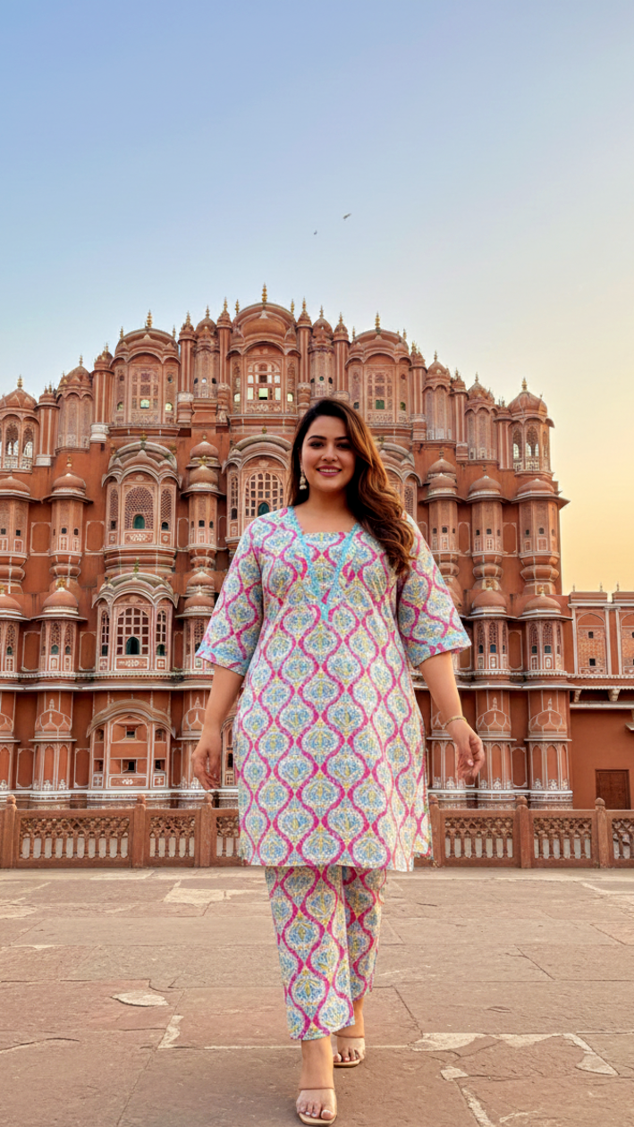 Fuschia & Azure Blue Block Print Kurta with Crochet Lace Detailing(Set of 2)