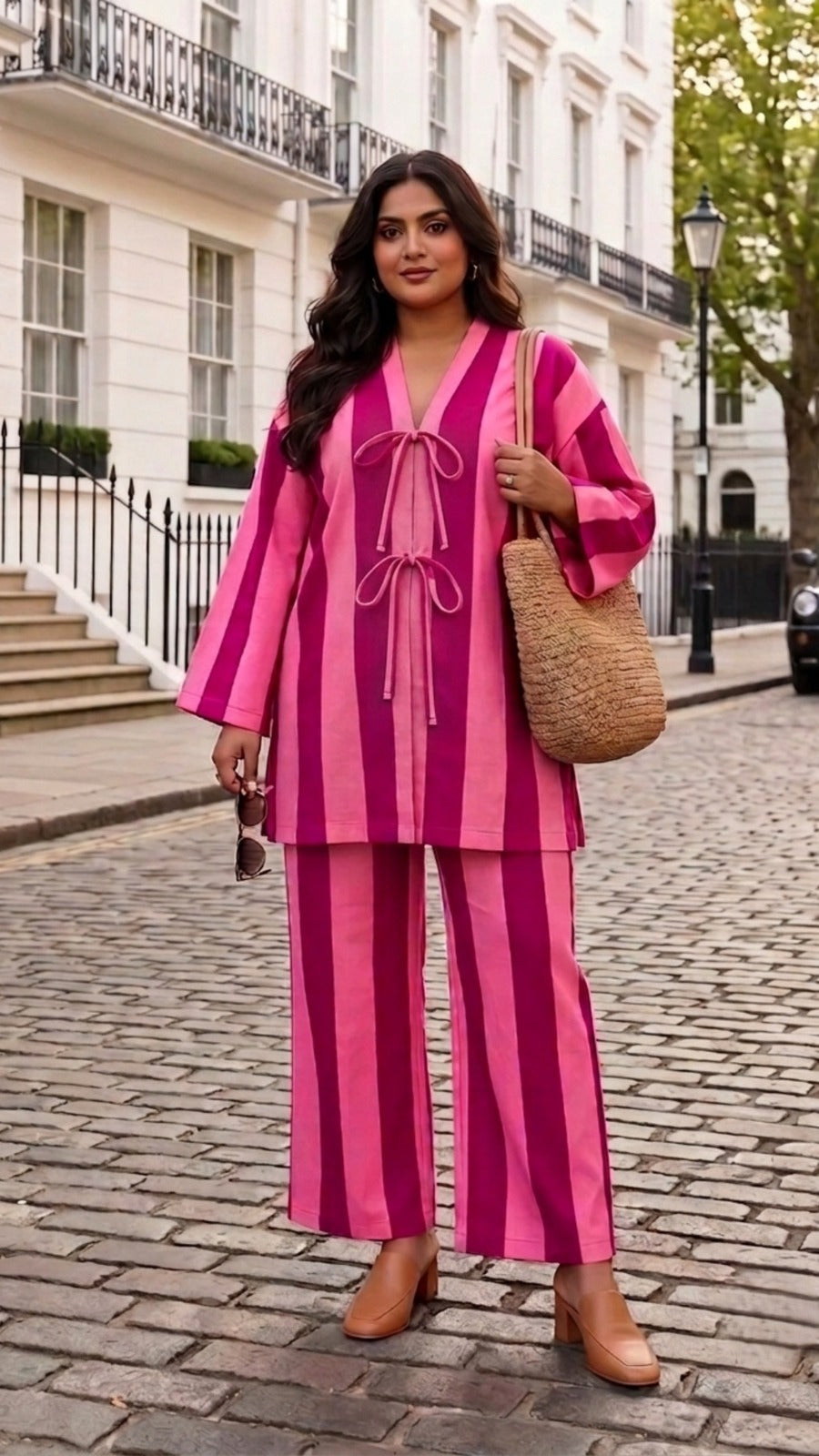 Plus Size Pink Striped Cotton Cord Set for Women | Co-Ord Set with Straight Pants