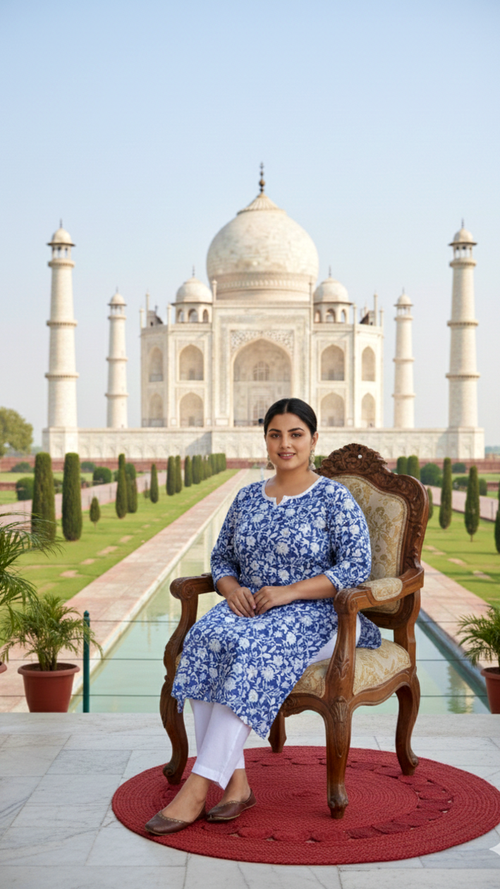 Blue Jaal Block Printed Cotton Kurta Set - (Set of 2)