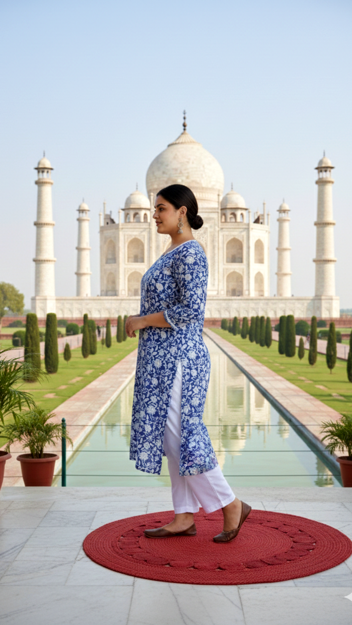 Blue Jaal Block Printed Cotton Kurta Set - (Set of 2)